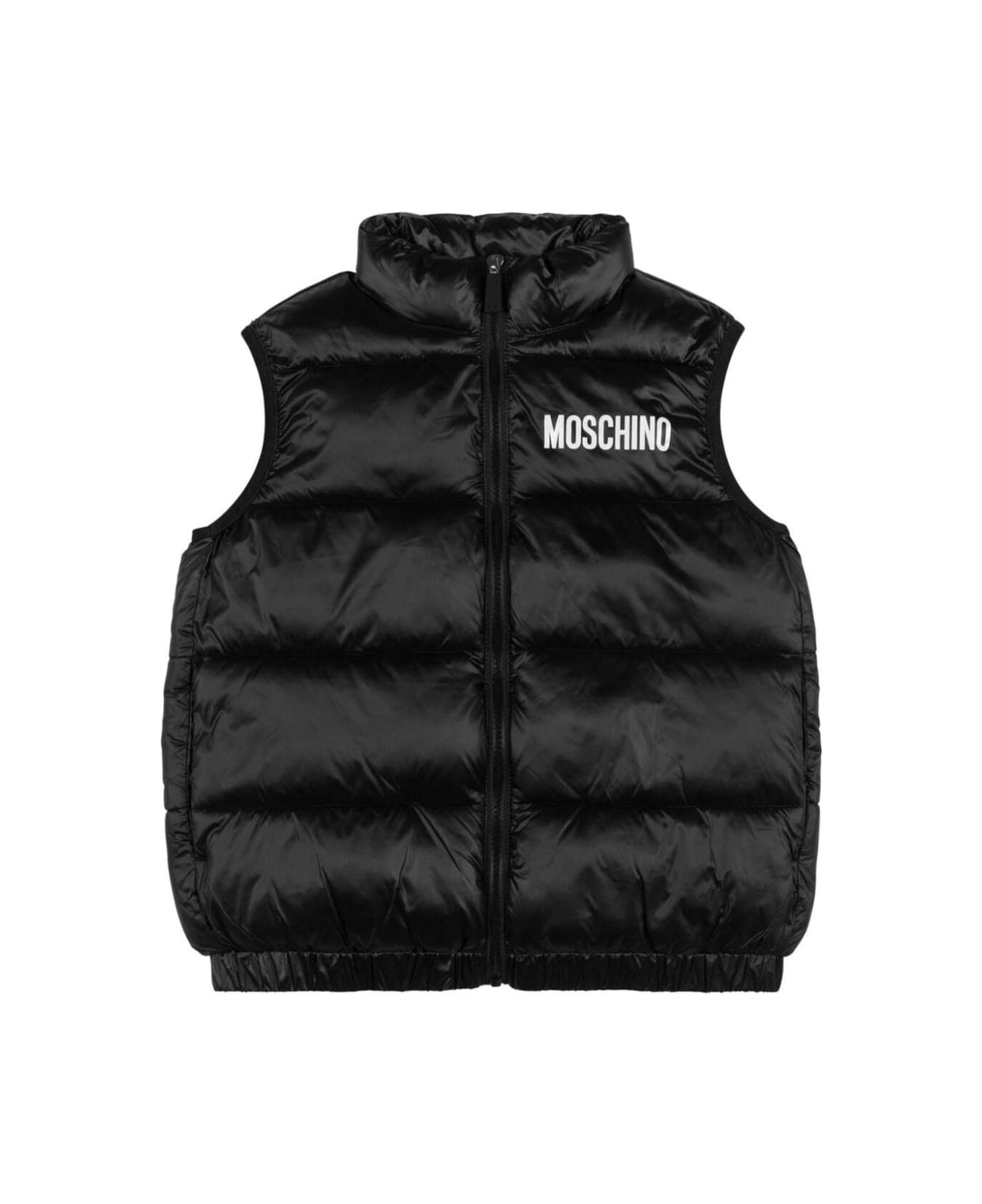 Moschino Black Vest With Zip Closure And Logo Print In Padded Tech Fabric Boy - BLACK