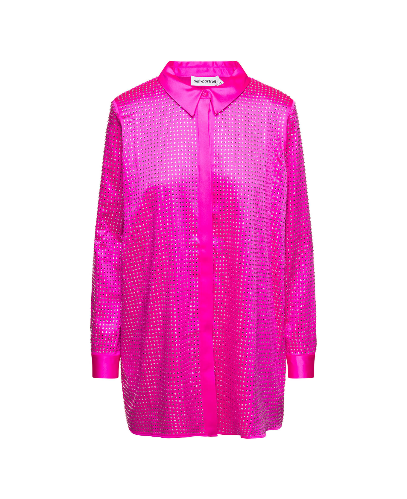 self-portrait Shirt With All-over Crystal Embellishment In Fuchsia Satin Woman - Fuxia