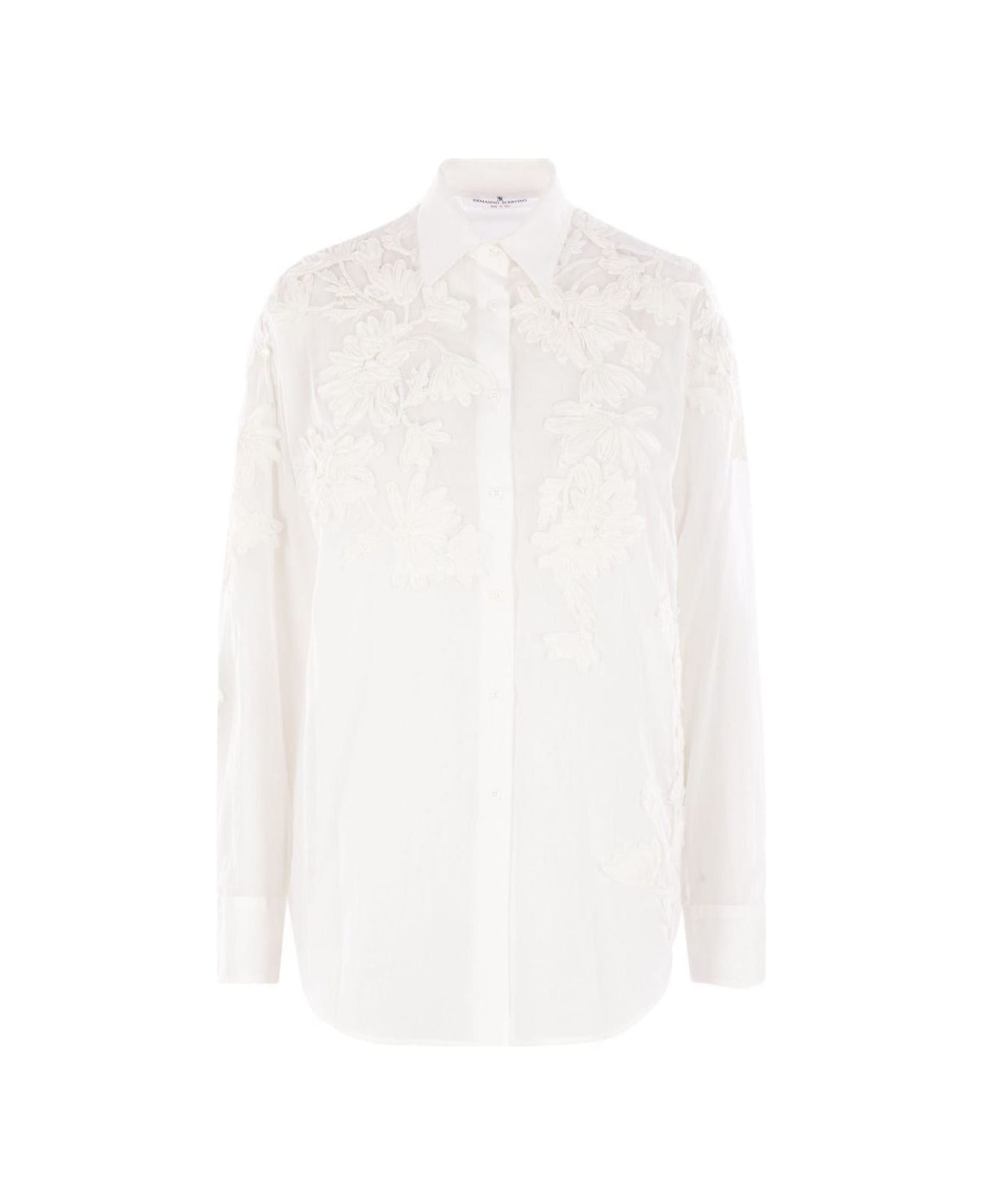 Ermanno Scervino Handmade Ribbon Floral Embroidery Oversized Muslin Shirt - Snow white