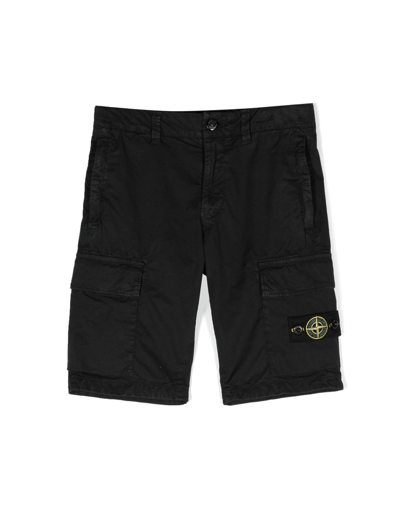 Stone Island Junior Black Bermuda Shorts With Patch Pockets And Logo Patch In Cotton Blend Boy - Black