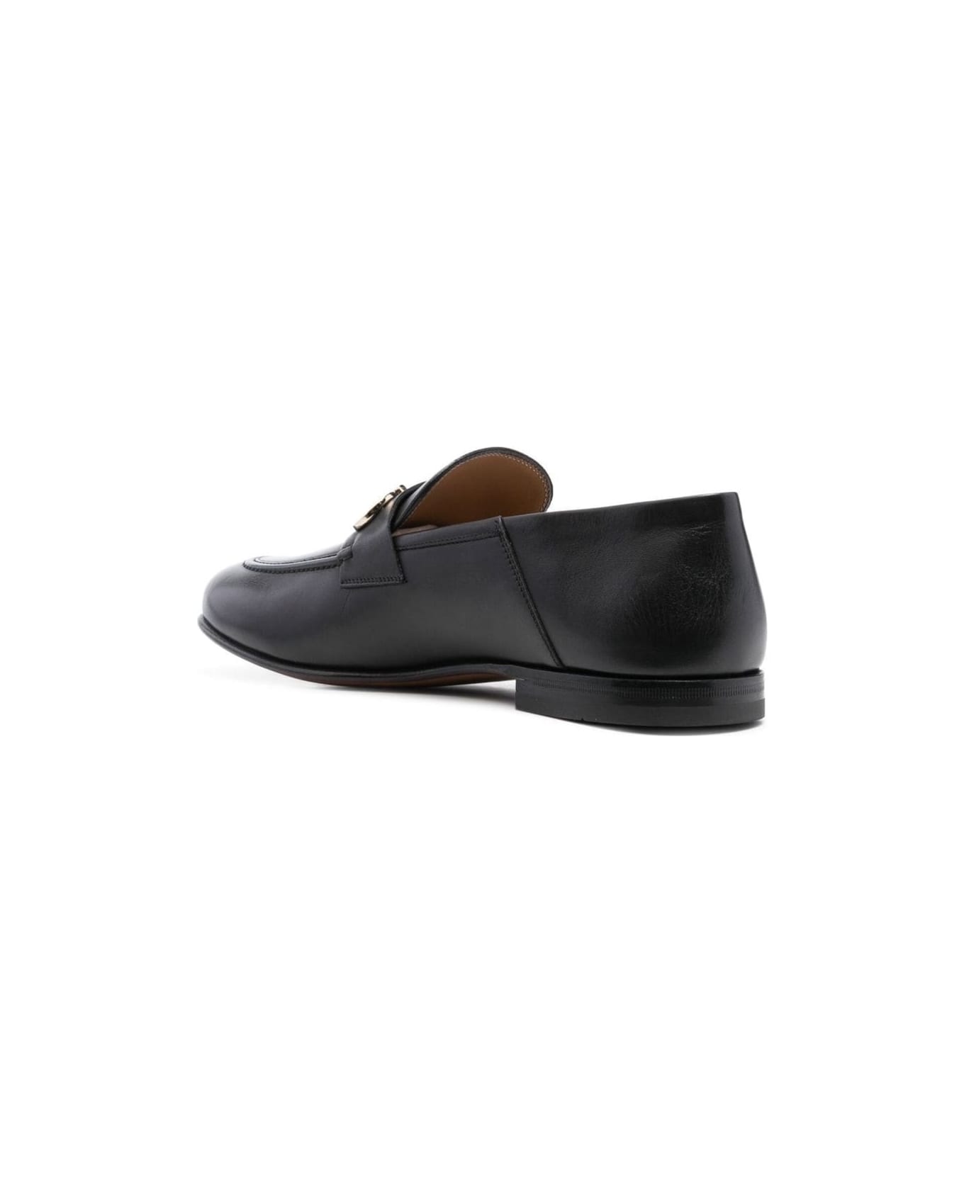 Ferragamo Black Gin Loafers With Metal Logo Placque At The Front In Calf Leather Man - Black