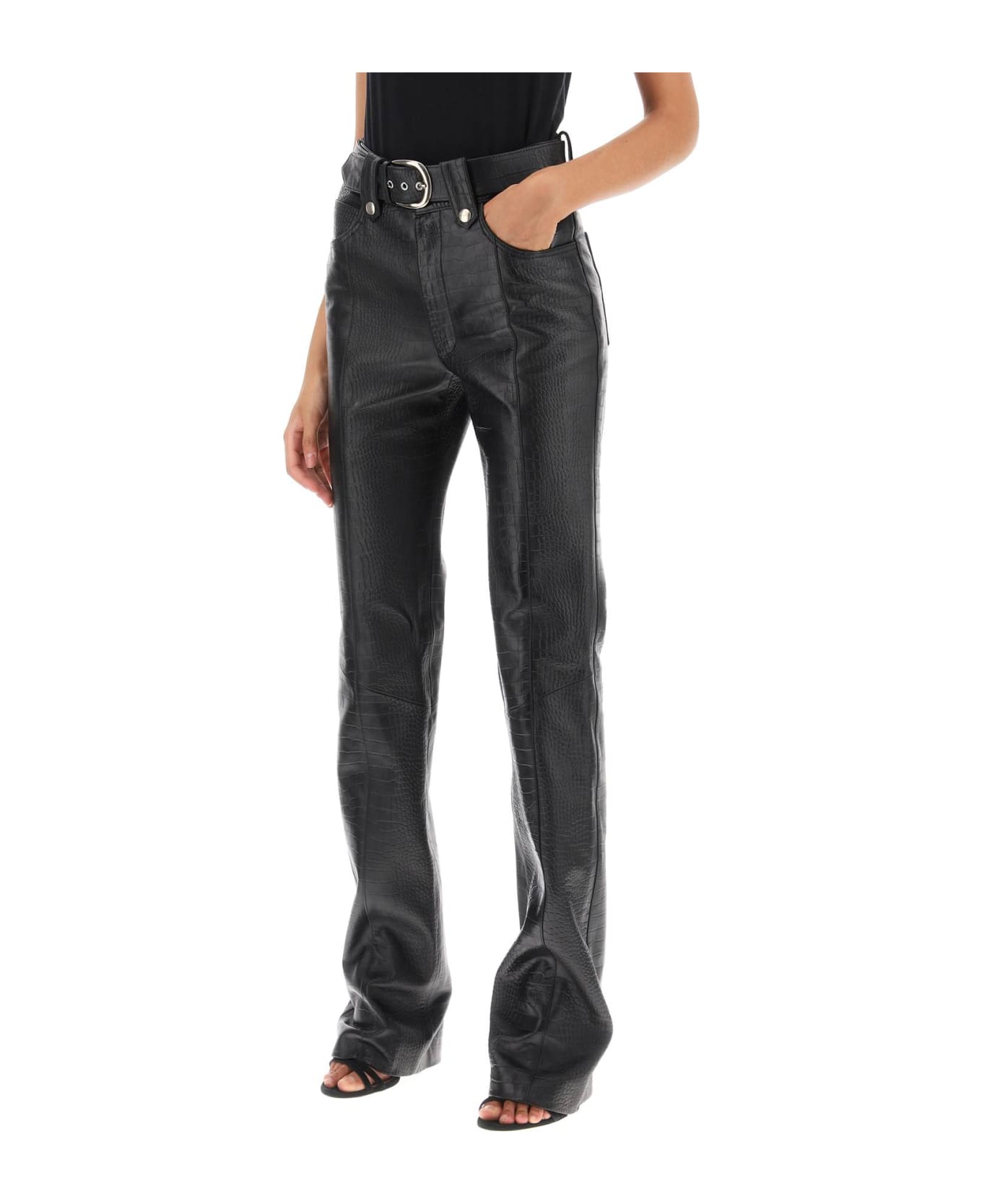Alessandra Rich Straight-cut Pants In Crocodile-print Leather - BLACK (Black)