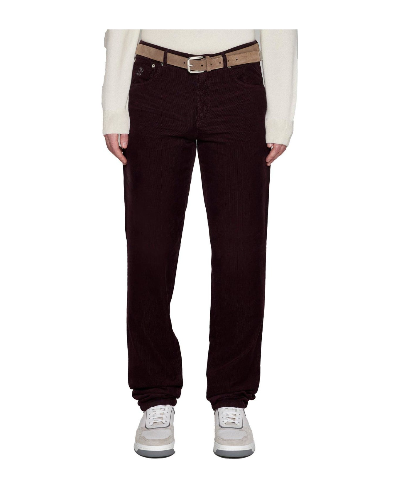 Brunello Cucinelli Logo Embroidered Cropped Corduroy Pants - Bordeaux ボトムス