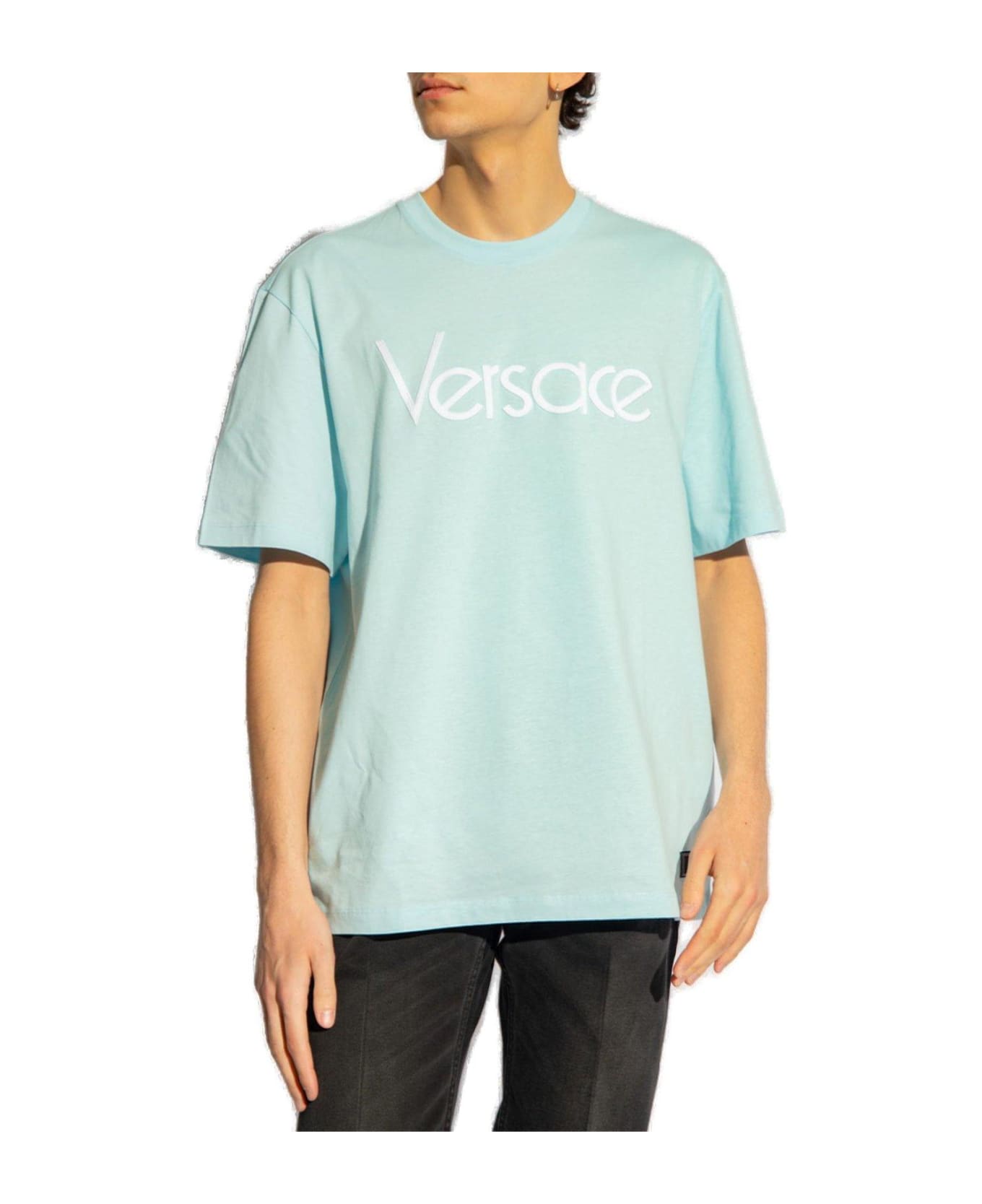 Versace Logo-embroidered Crewneck T-shirt - Pale Blue