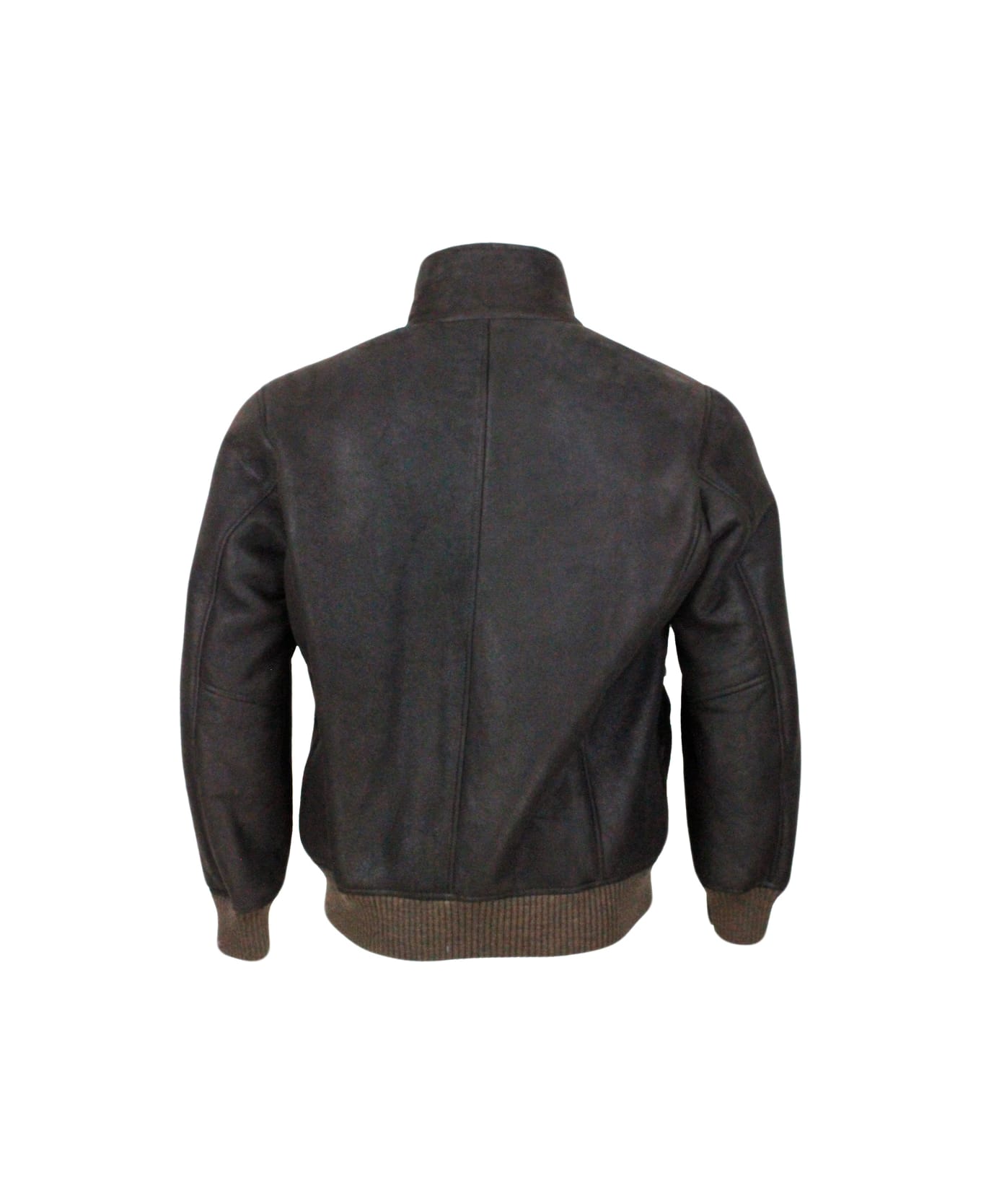 Barba Napoli Bomber Jacket In Fine And Soft Shearling Sheepskin With Stretch Knit Trims And Zip Closure. Front Pockets - Brown