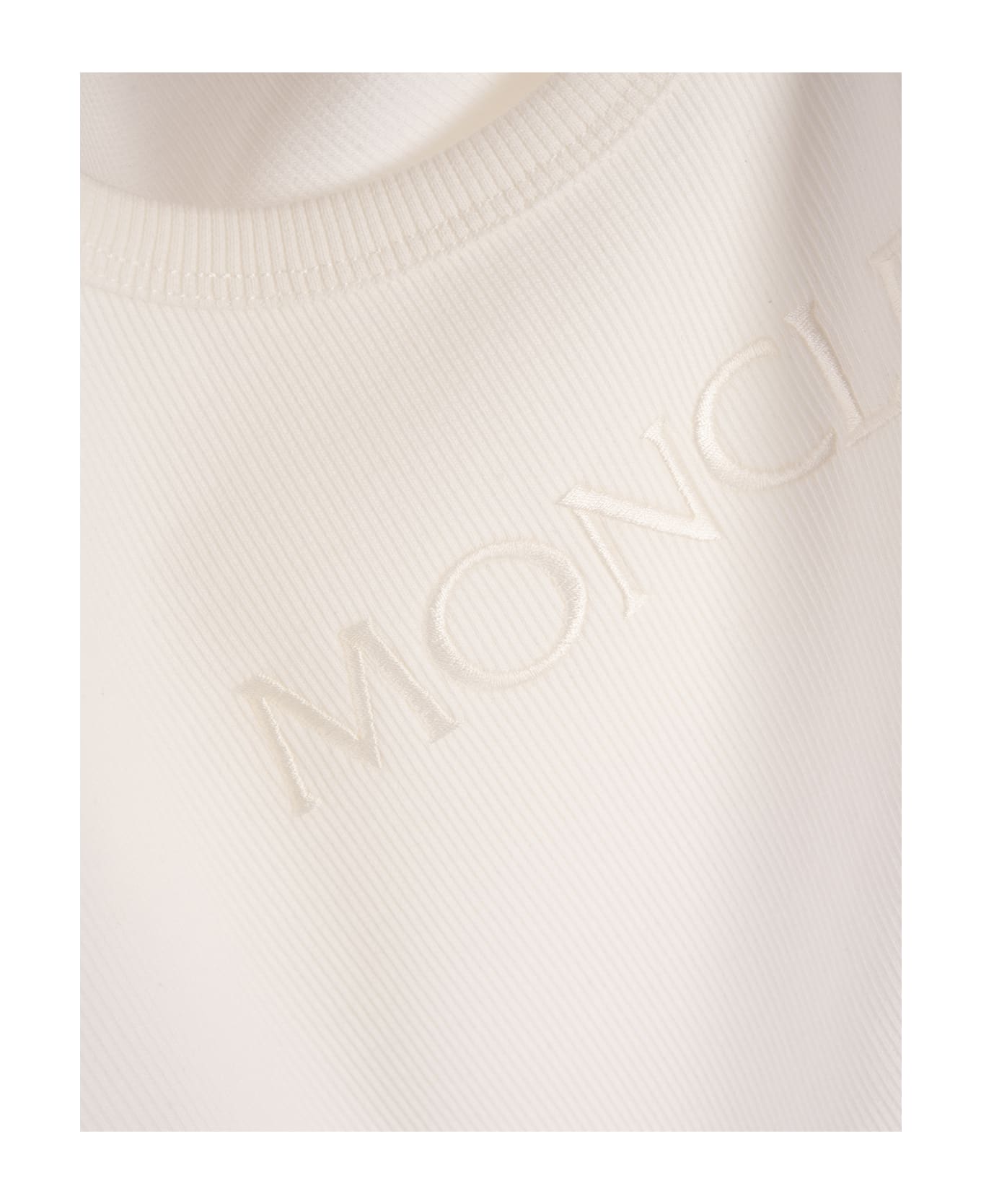 Moncler White Ribbed Top With Logo In Tone - White