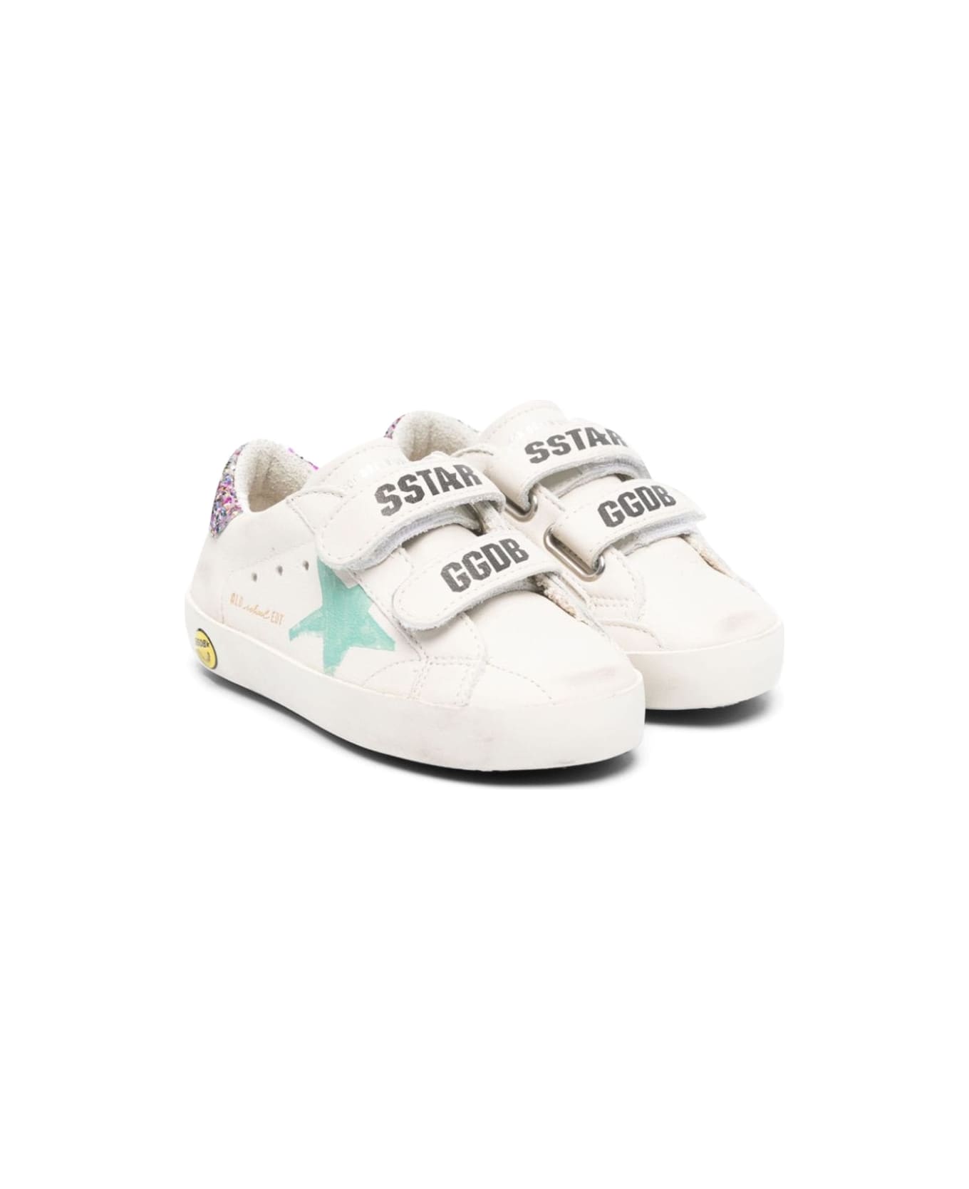 Golden Goose Old School Leather Upper And List Printed Star Glitter Heel - WHITE