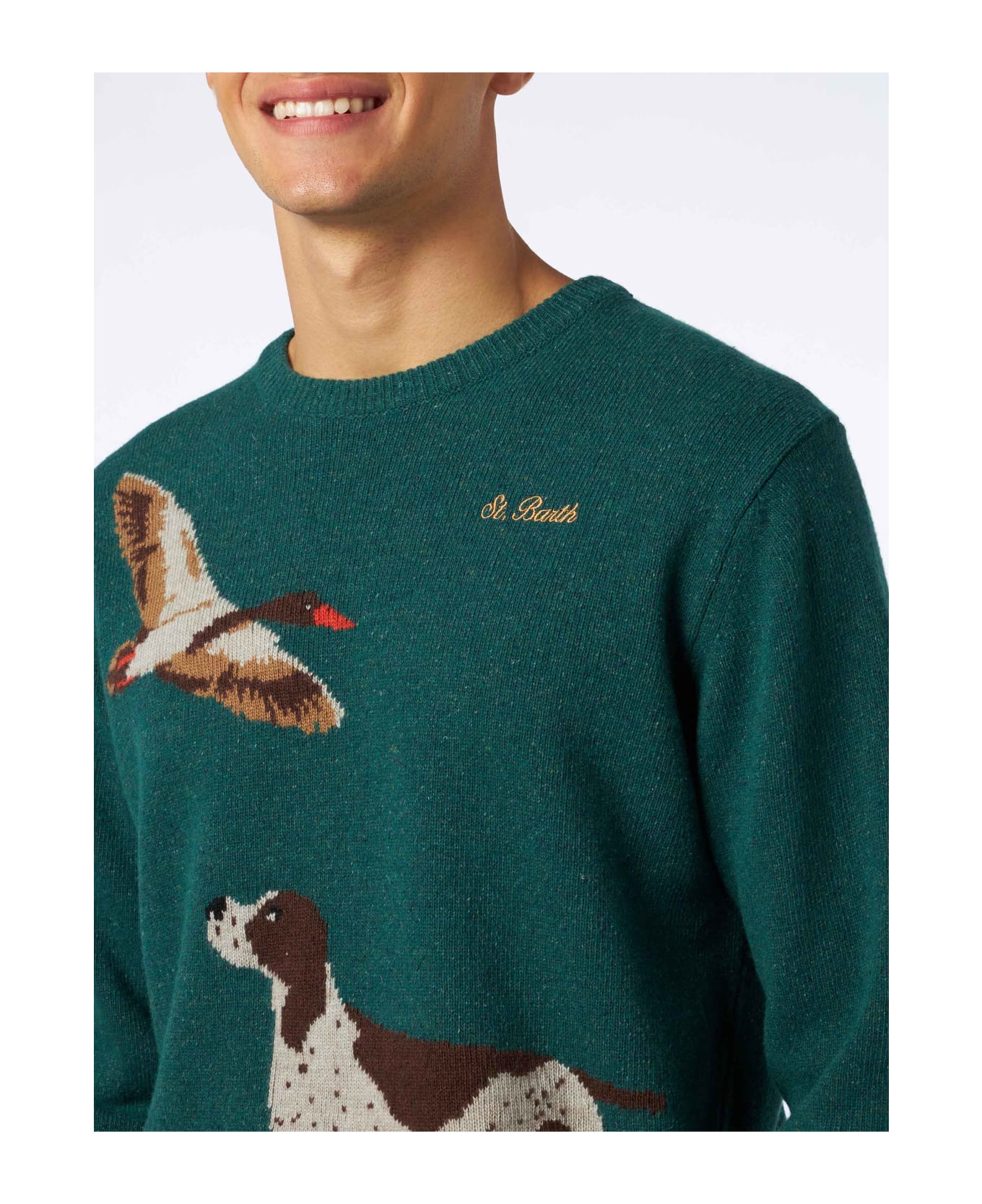 MC2 Saint Barth Man Crewneck Donegal Sweater With Country Dog Jacquard - GREEN
