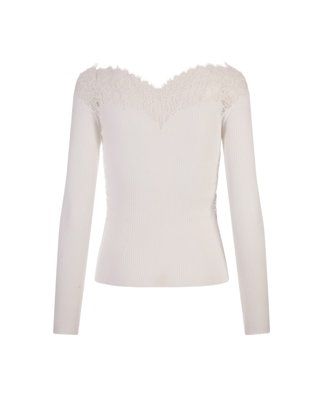 Ermanno Scervino White Sweater With Lace And Boat Neckline - White