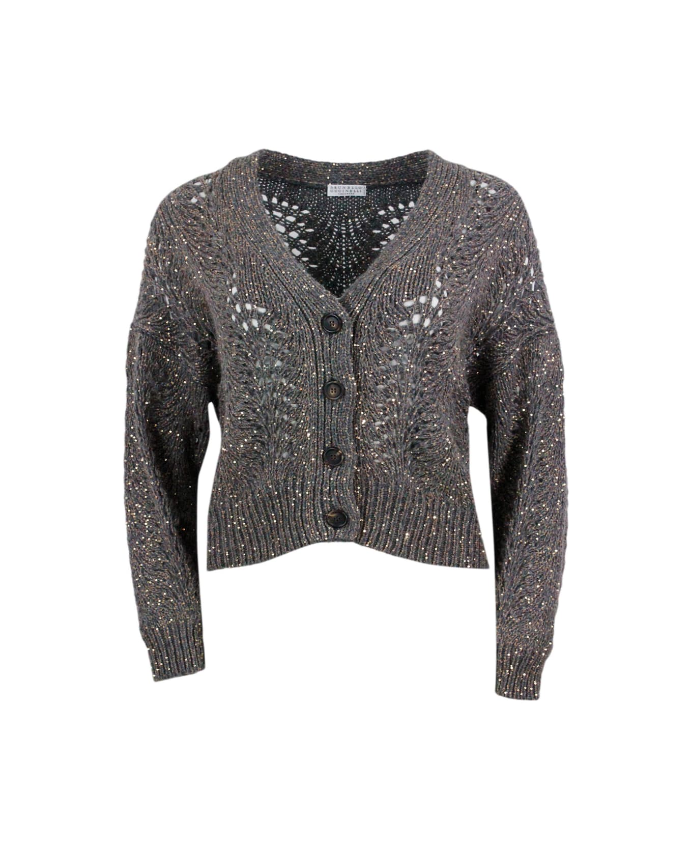 Brunello Cucinelli Cardigan Sweater With Buttons In Precious And Refined Feather Cashmere Embellished With A Dazzling Yarn With Sequins For A Shiny And Three-dimensional - Grey カーディガン