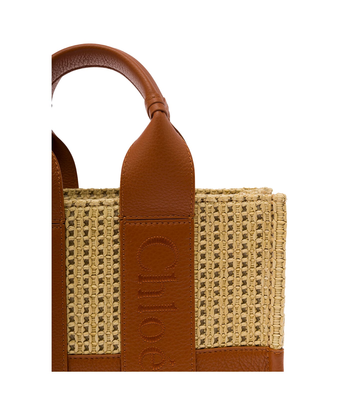 Chloé Woody Small Tote Bag In Leather And Raffia With Embroidered Logo - Brown