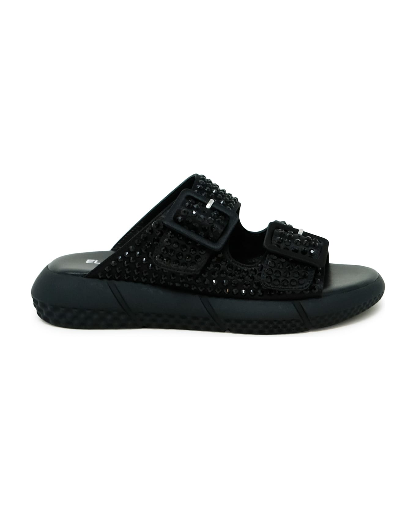 Elena Iachi Black Leather Flat Sandals With Swarovsky - BLACK