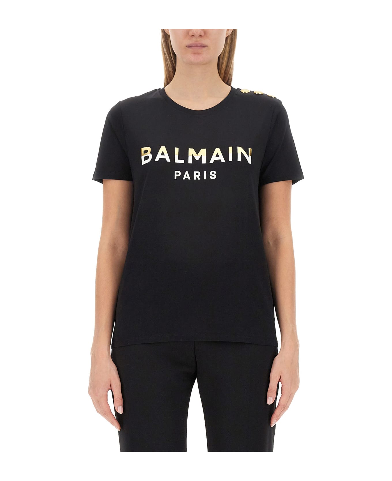 Balmain Logo Printed Crewneck T-shirt - BLACK/GOLD/CREAM Tシャツ