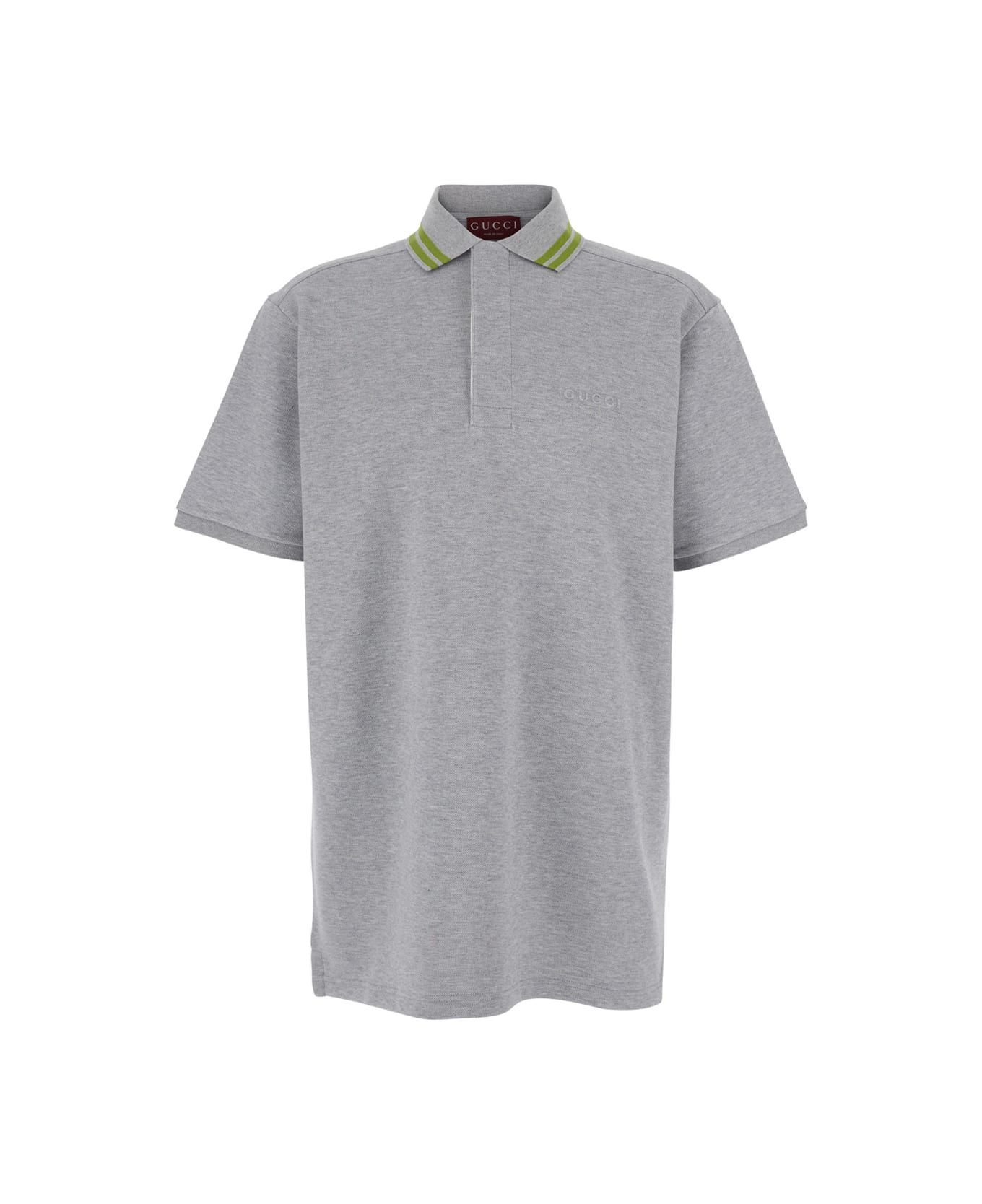 Gucci Grey Polo Shirt With Striped Collar And Tone-on-tone Embroidered Logo On The Front In Cotton Man - Grey
