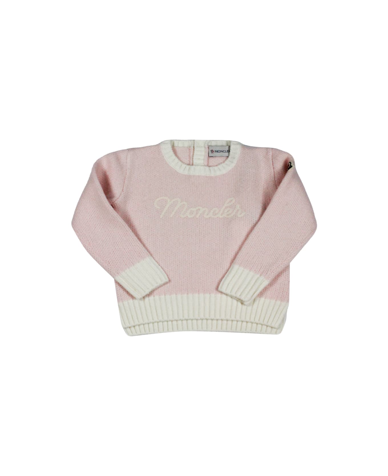 Moncler Crewneck And Long Sleeve Tricot Sweater In Soft Wool With Logo Lettering On The Chest. - Pink