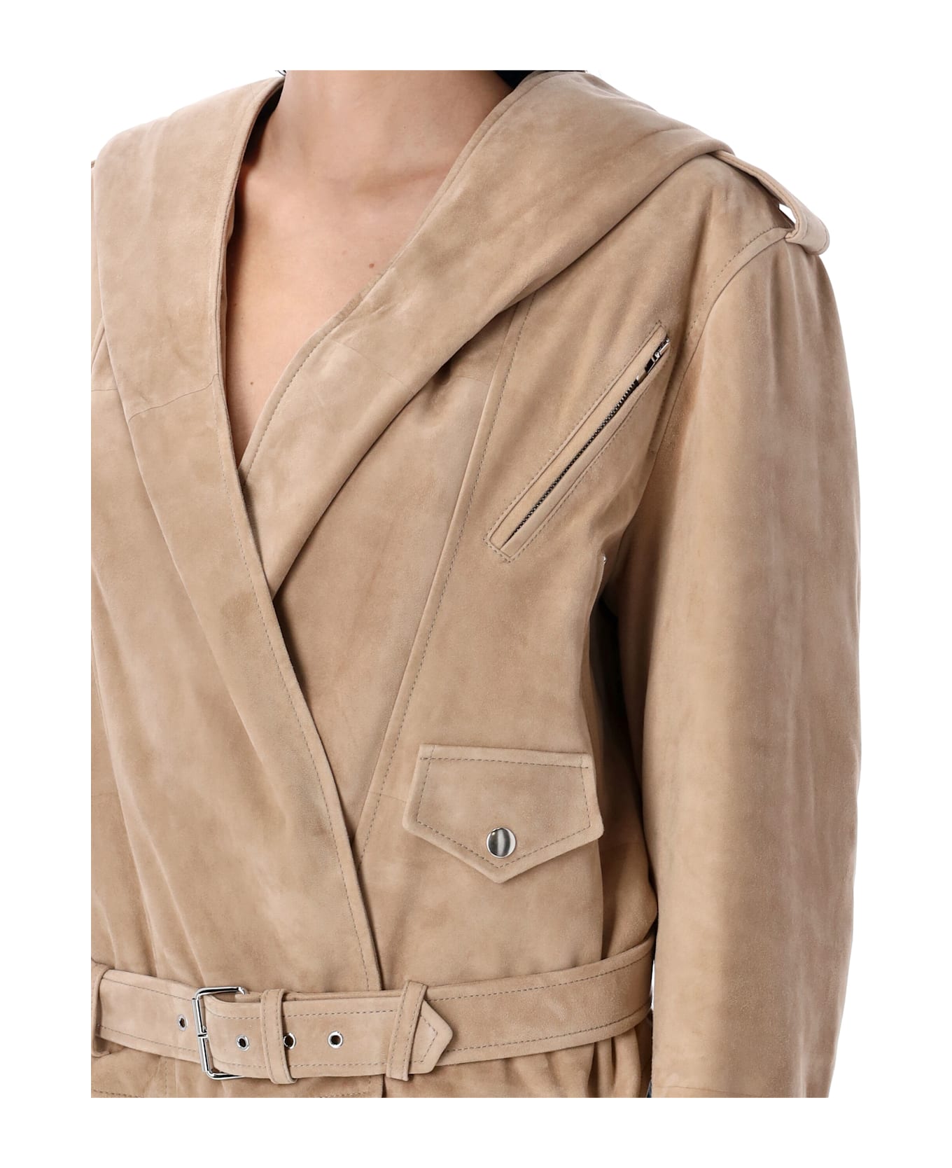 Alaia Suede Hooded Biker Jacket - BEIGE CLAIR
