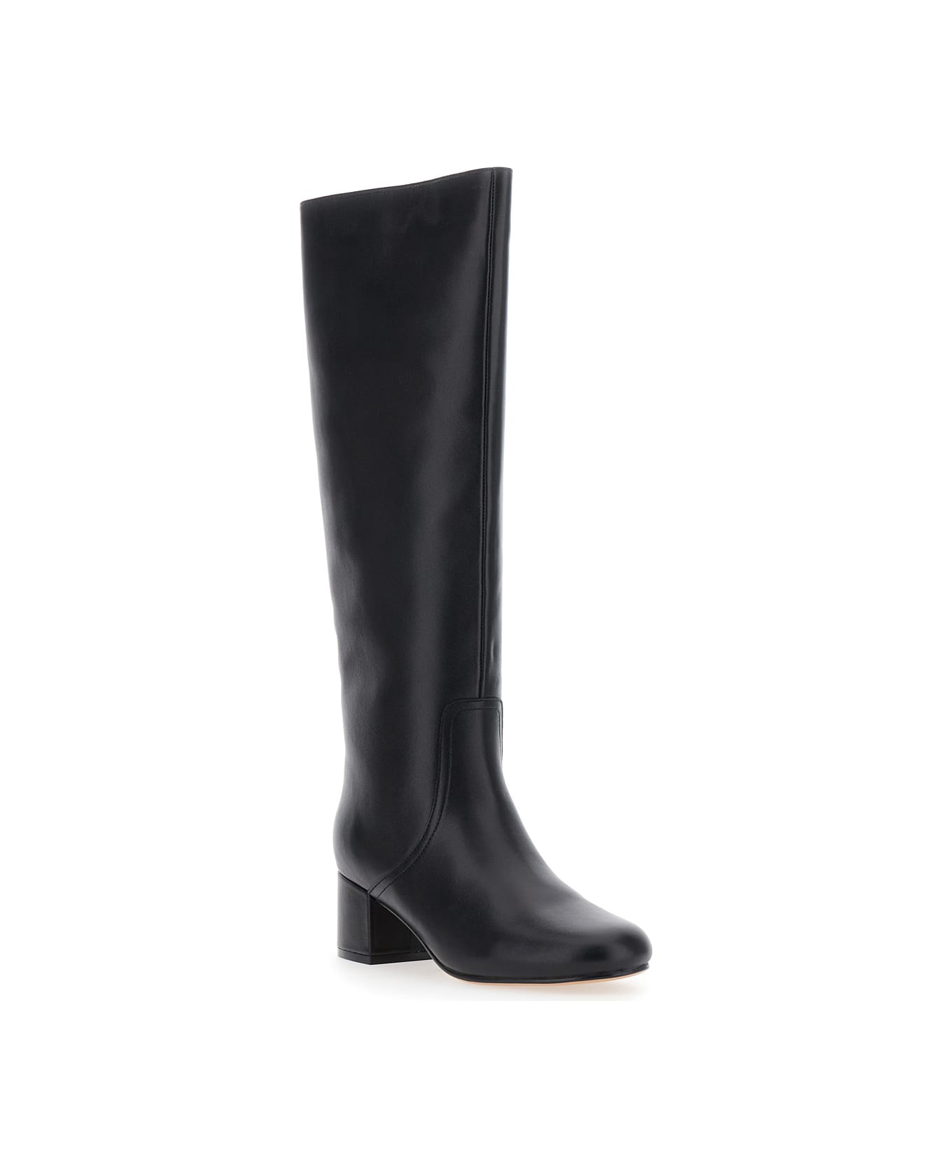 TwinSet Black Knee High Boots With Round Toe In Leather Woman - Black