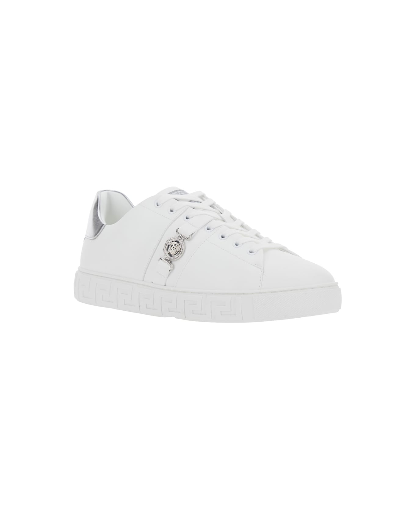 Versace White Low Top Sneakers With Contrasting Heel With Logo Lettering And Medusa Plaque In Tech Fabric Man - White
