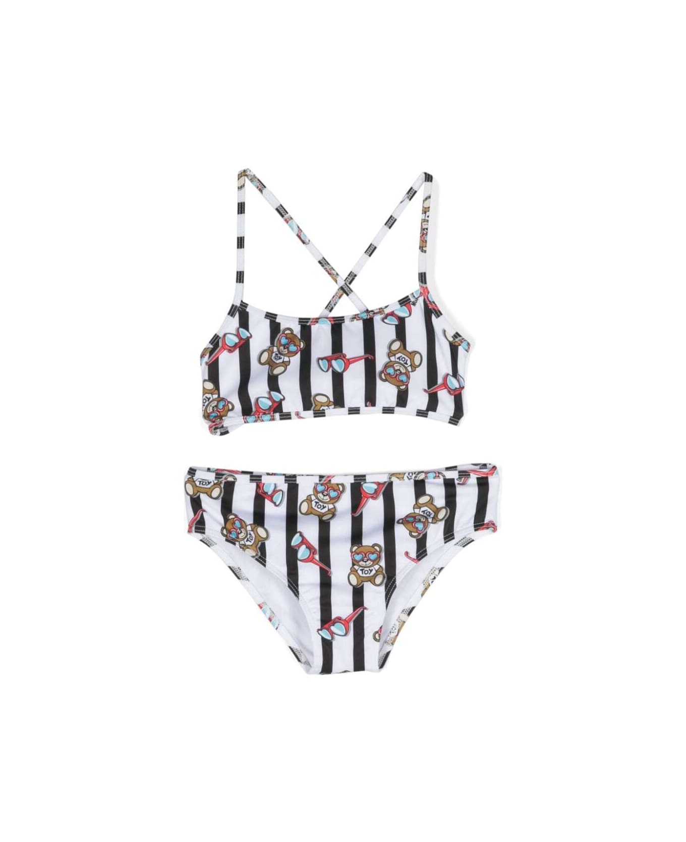 Moschino Black And White Bikini With Teddy Bear Print In Techno Fabric Girl - White