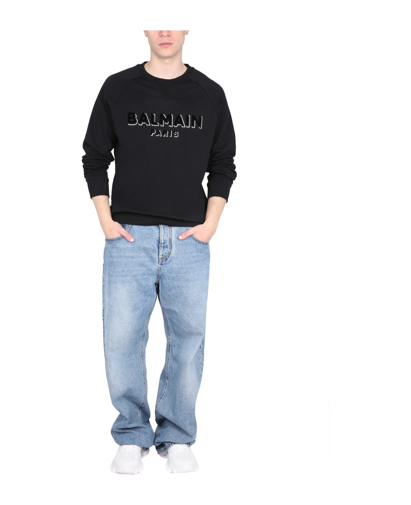 Balmain Crewneck Sweatshirt With 3d Effect Logo Print In Organic Cotton Man - Black フリース