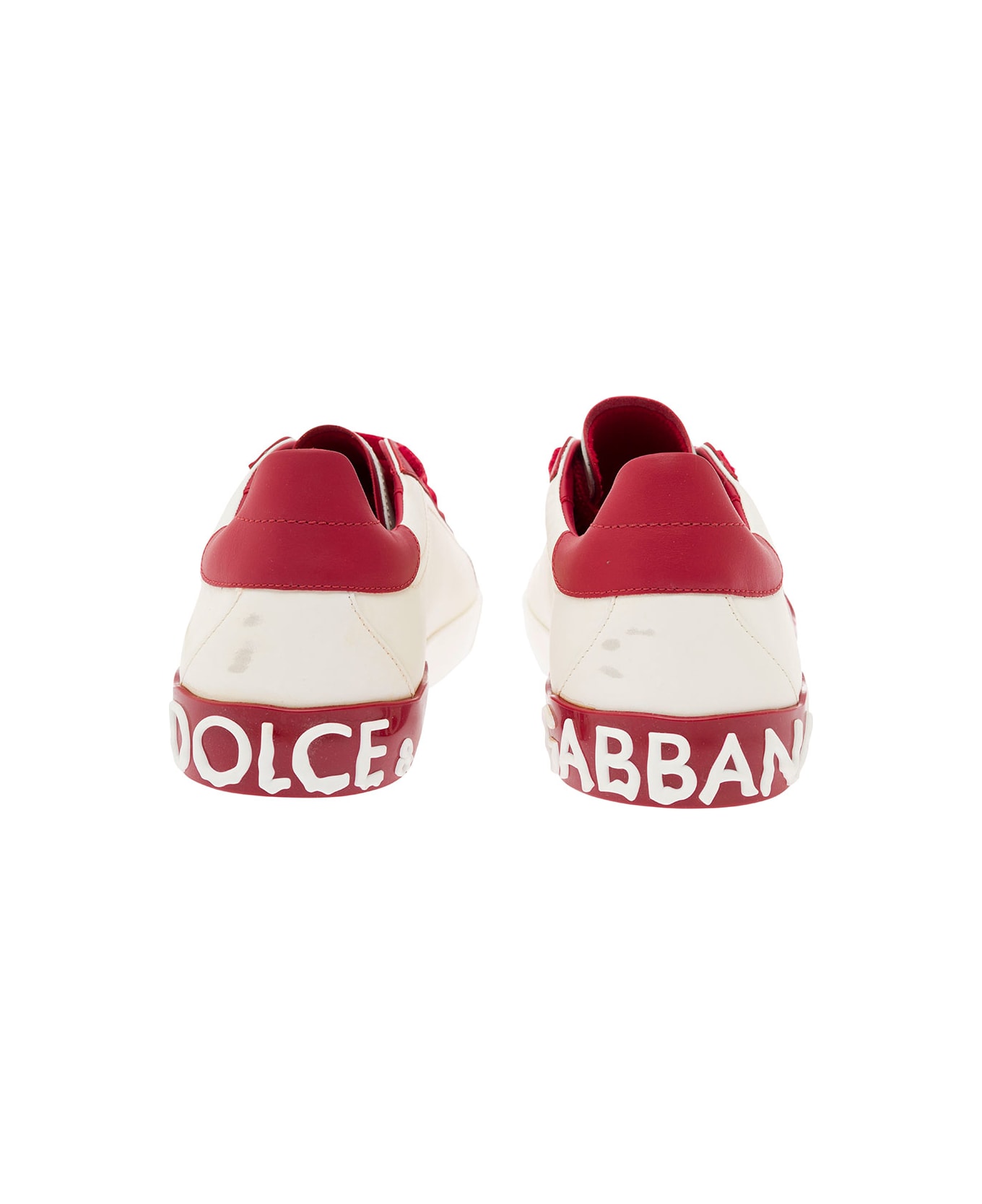 Dolce & Gabbana 'vintage Portafino' White And Red Low Top Sneakers With Dg Patch In Leather Man - Red