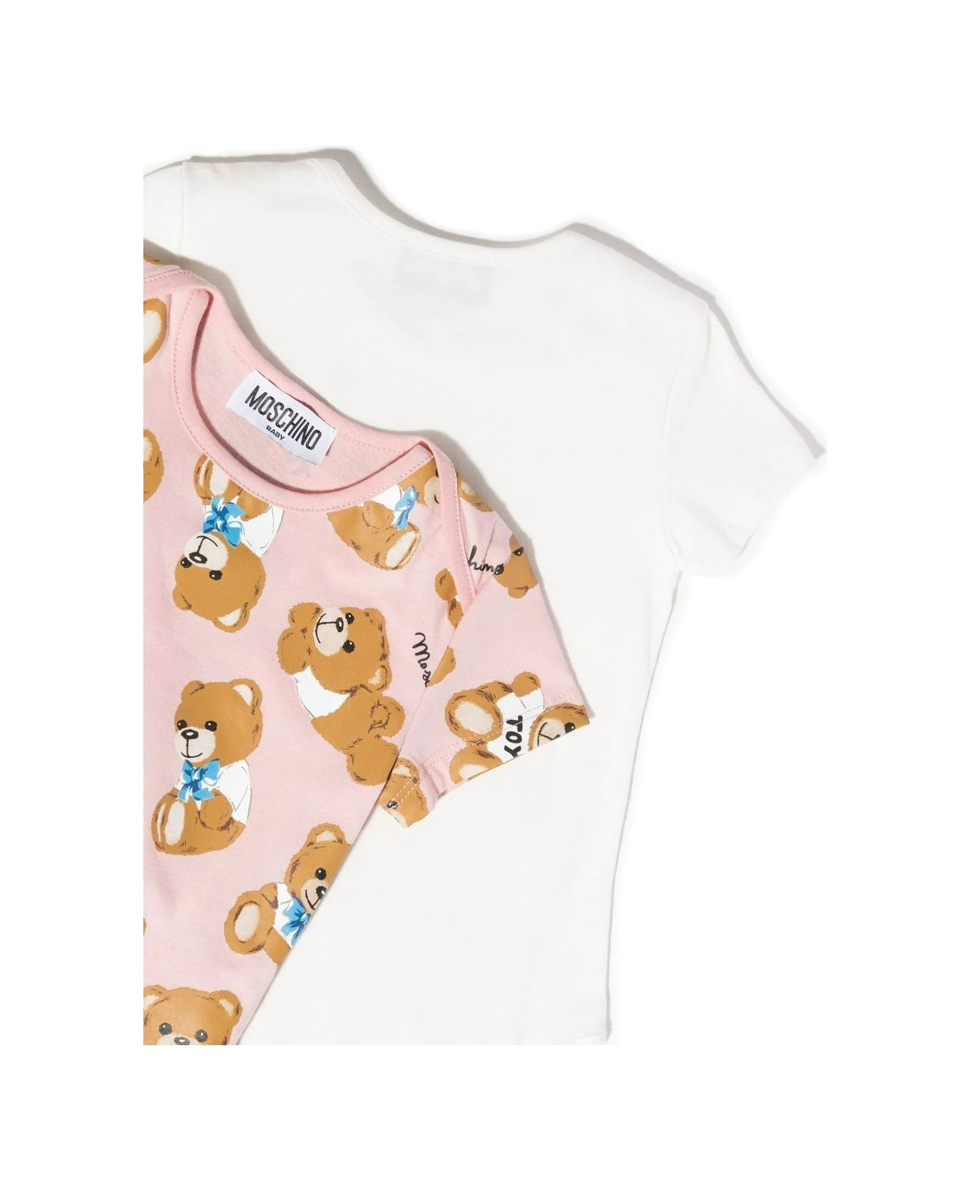 Moschino Set 2 Baby Bodysuits In White And Pink Cotton With Moschino Teddy Bear Print - Cloud
