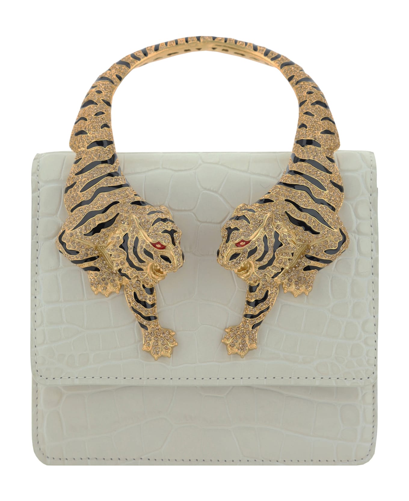 Roberto Cavalli White Medium Roar Shoulder Bag With Jewelled Tigers - White