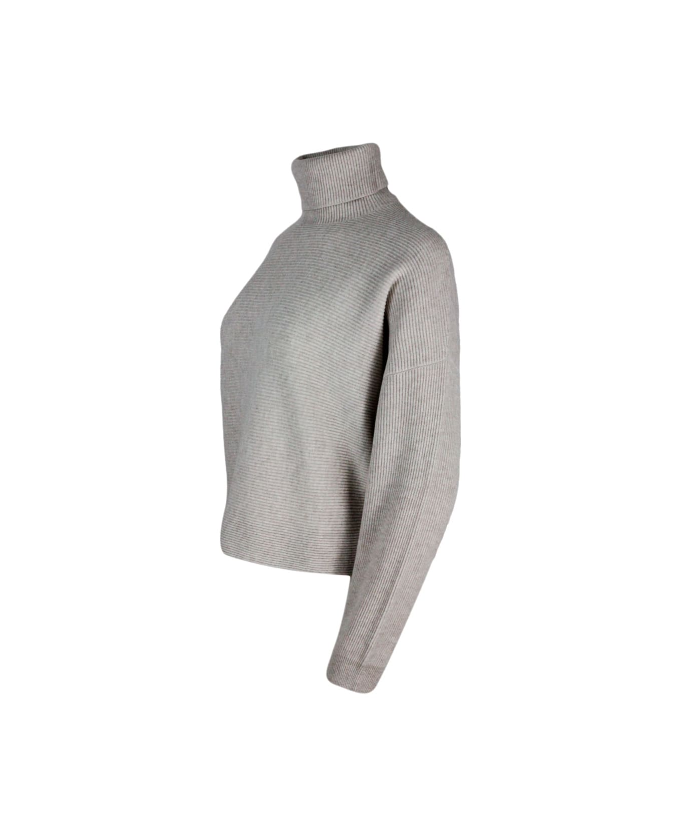 Brunello Cucinelli High Neck Sweater In Wool, Silk And Cashmere With English Rib Knit With Precious Shiny Monili On The Side Slits - Beige