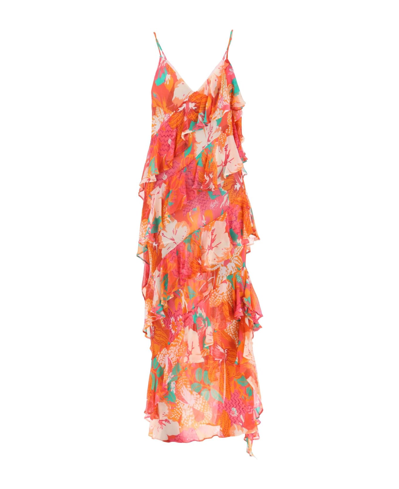 MSGM Maxi Frilled Dress With Tropical Motif - RED ワンピース＆ドレス