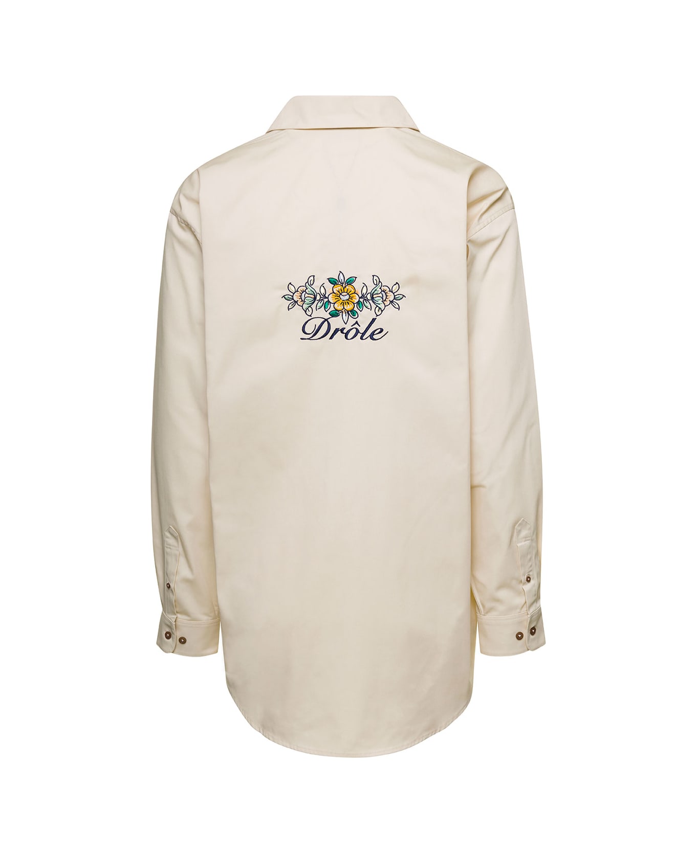 Drôle de Monsieur Beige Shirt With Drôle Fleurie Embroidery On Cuffs And Back In Cotton Man - Beige