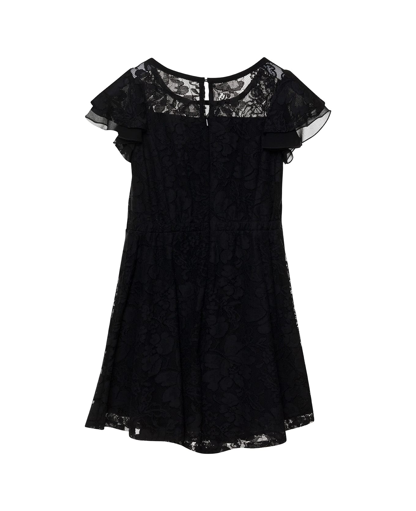 Monnalisa Black Crewneck Playsuit With Logo Patch In Lace Girl - Black