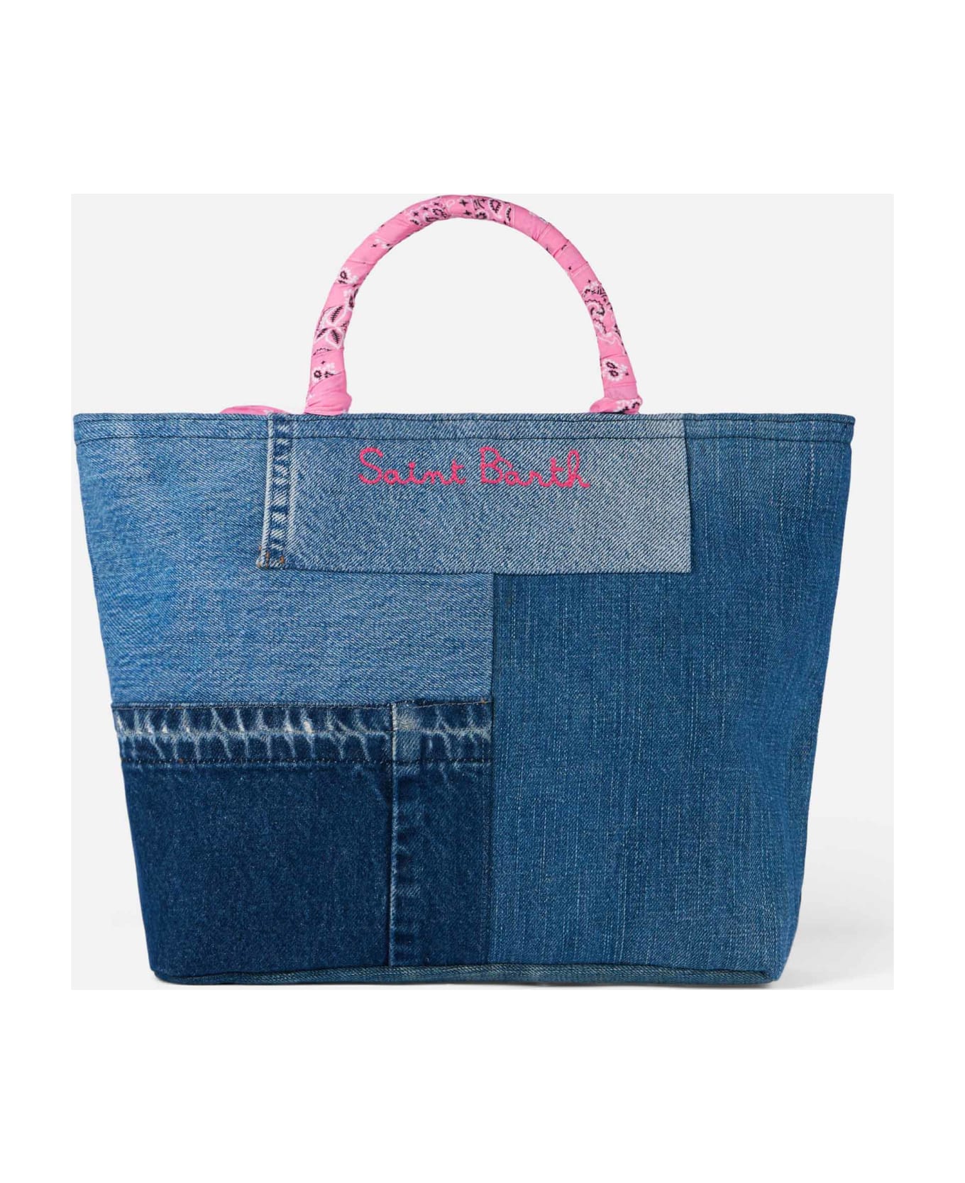 MC2 Saint Barth Denim Patchwork Handbag With Pink Bandanna Handles - GREY