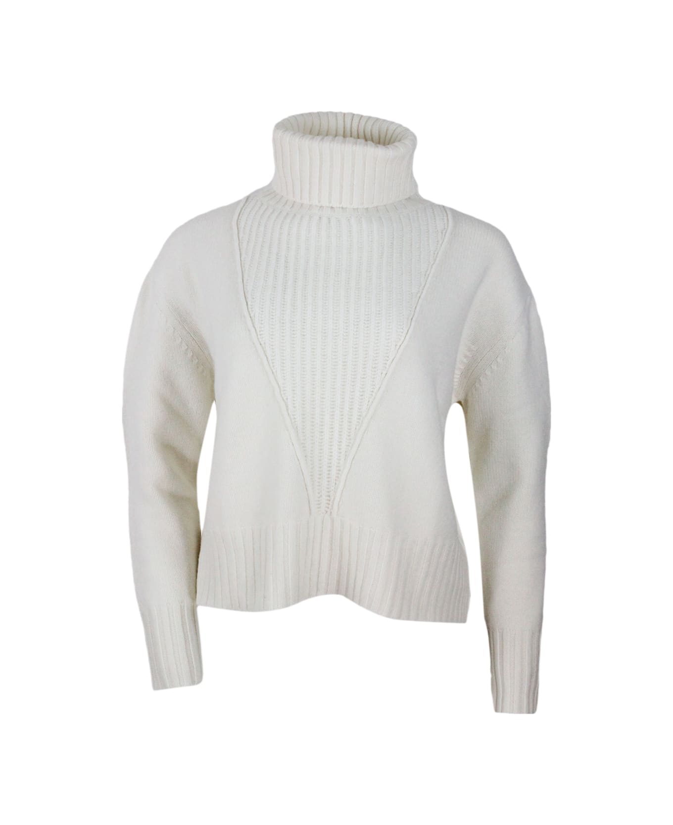 Lorena Antoniazzi Turtleneck Sweater Made Of Soft Wool, Cashmere And Silk With Three-dimensional Work On The Front - White
