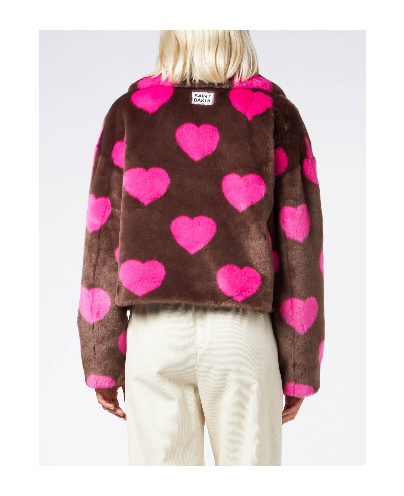 MC2 Saint Barth Woman Furry Short Jacket With Heart Print - BROWN