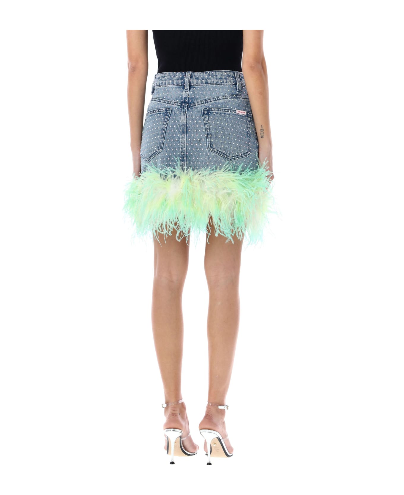 self-portrait Rhinstone Feather Denim Mini Skirt - LIGHT BLUE