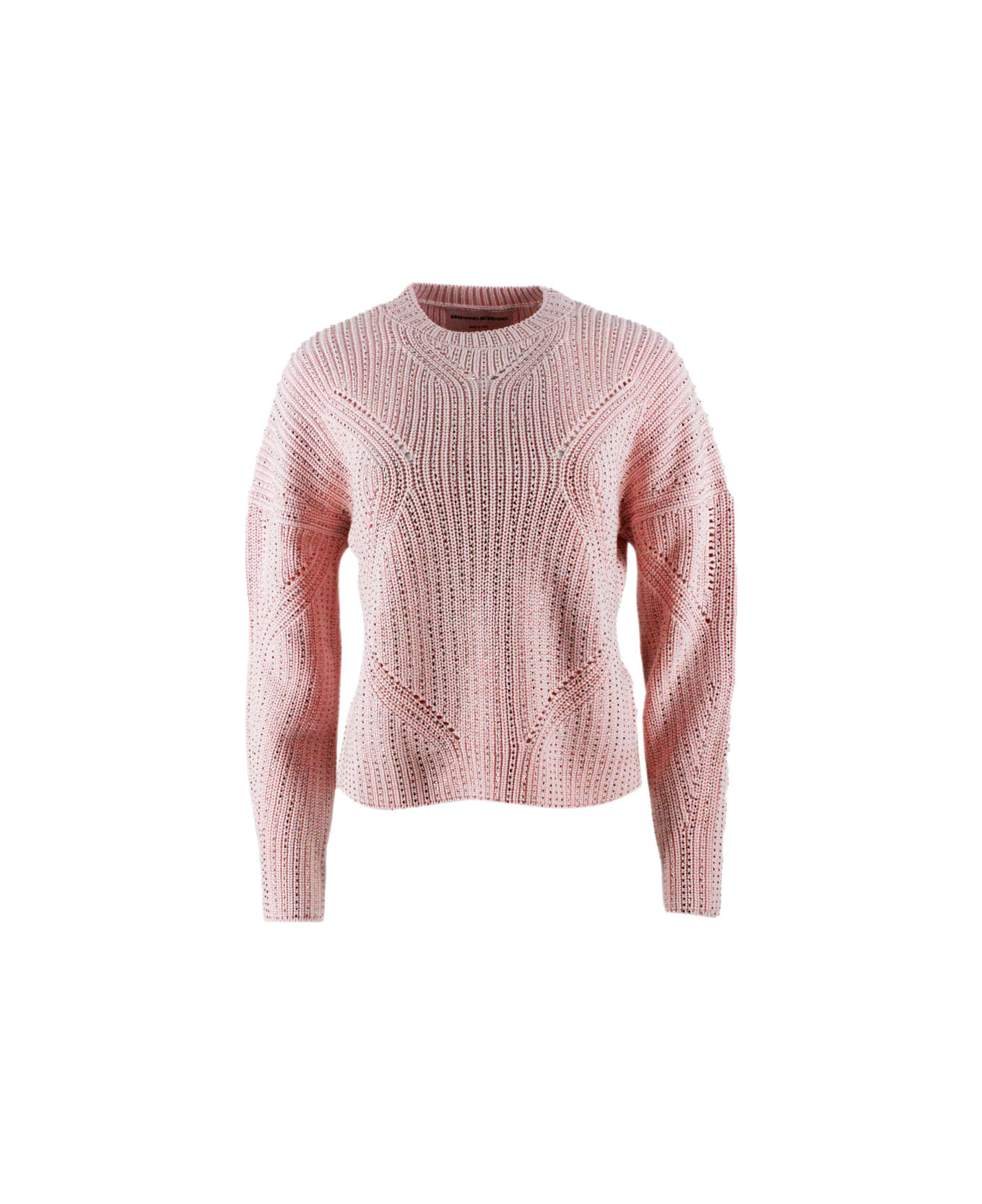 Ermanno Scervino Long-sleeved Crew Neck Sweater In Cotton With Crystals - Pink ニットウェア