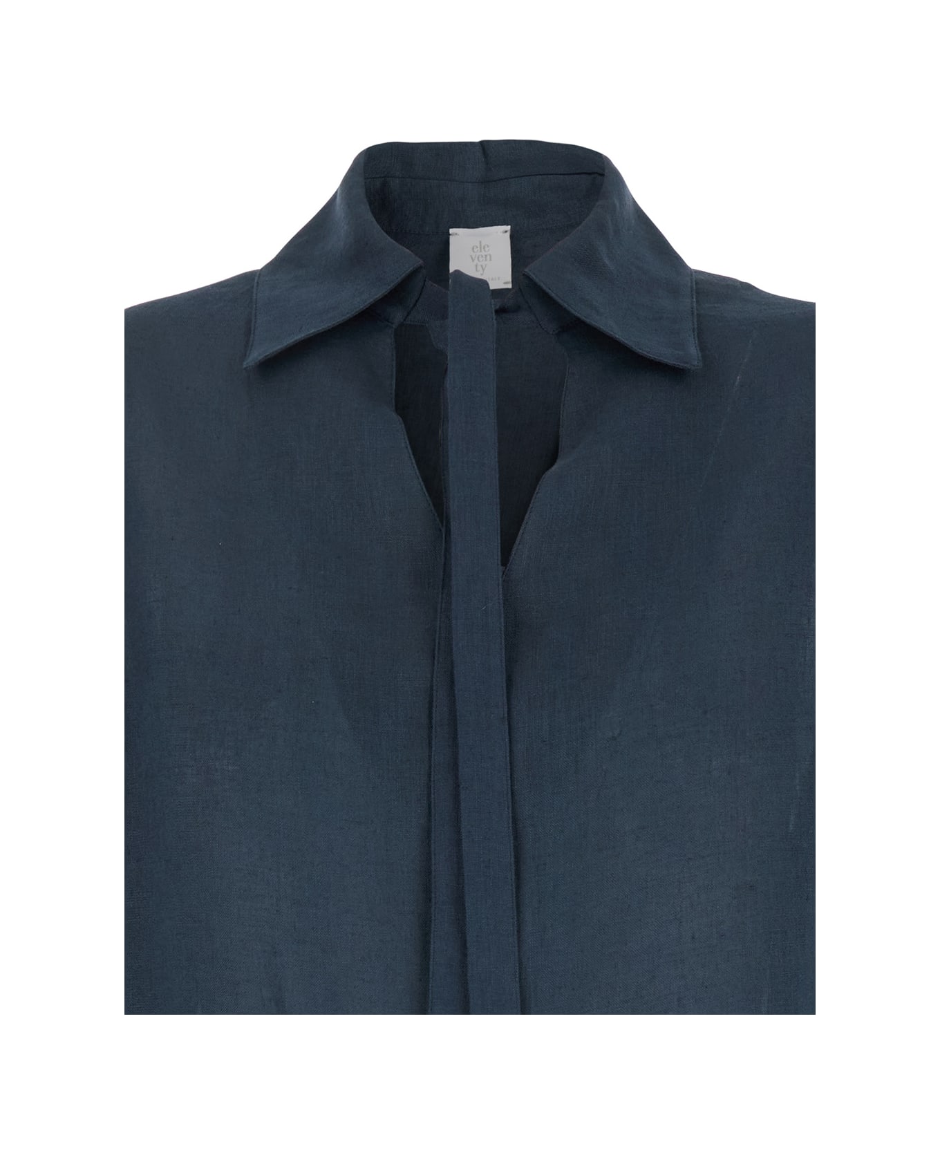 Eleventy Blue Shirt With Spread Collar And Front Tie Closure In Linen Woman - Blu