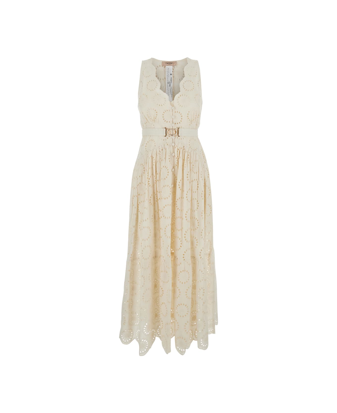 TwinSet White Long Dress With V-neck And Waist Belt With Metallic Logo Plaque In Cotton Woman - White