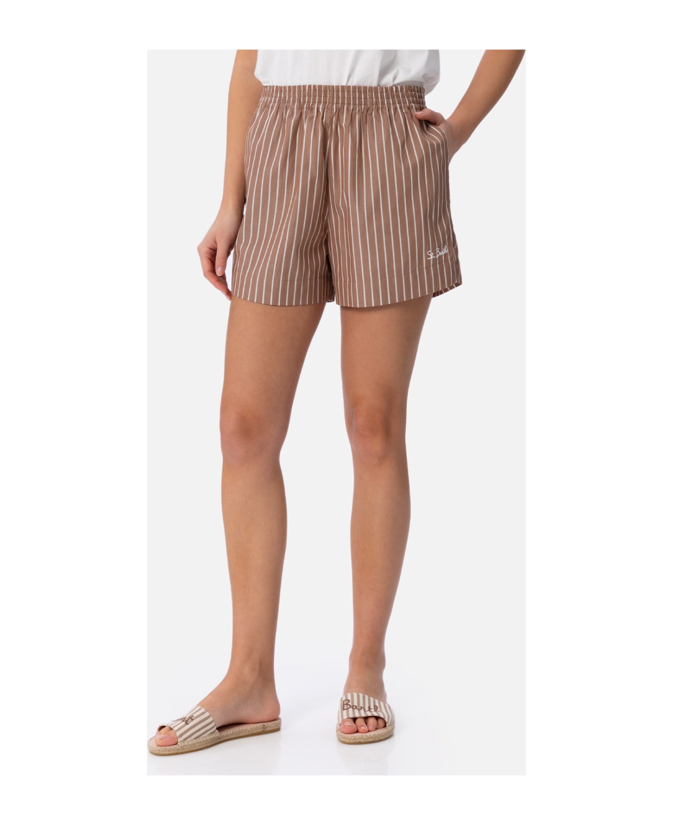 MC2 Saint Barth Woman Cotton Striped Pull Up Shorts Meave - BROWN