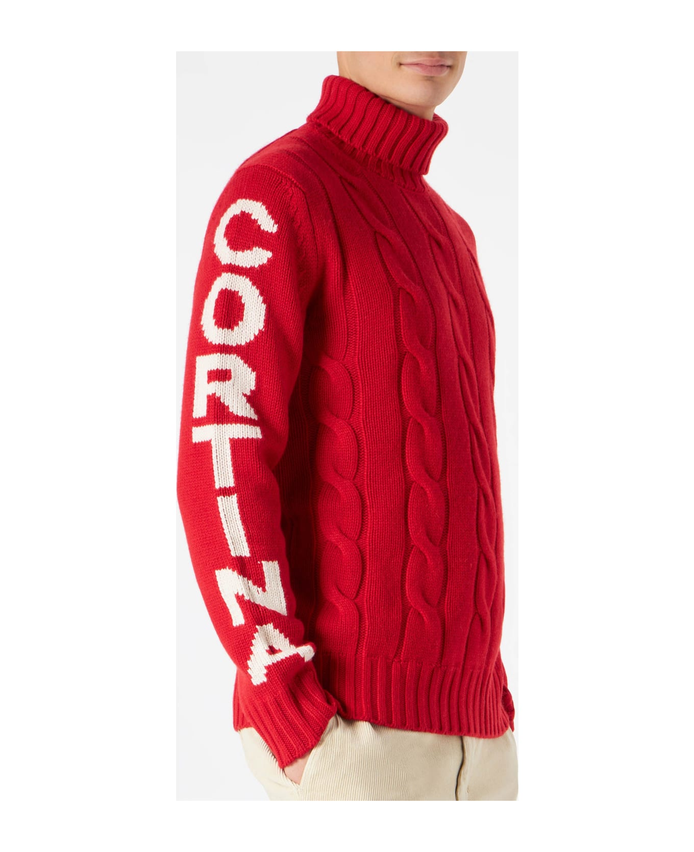 MC2 Saint Barth Man Turtleneck Braided Sweater With Cortina Ampezzo Print - RED