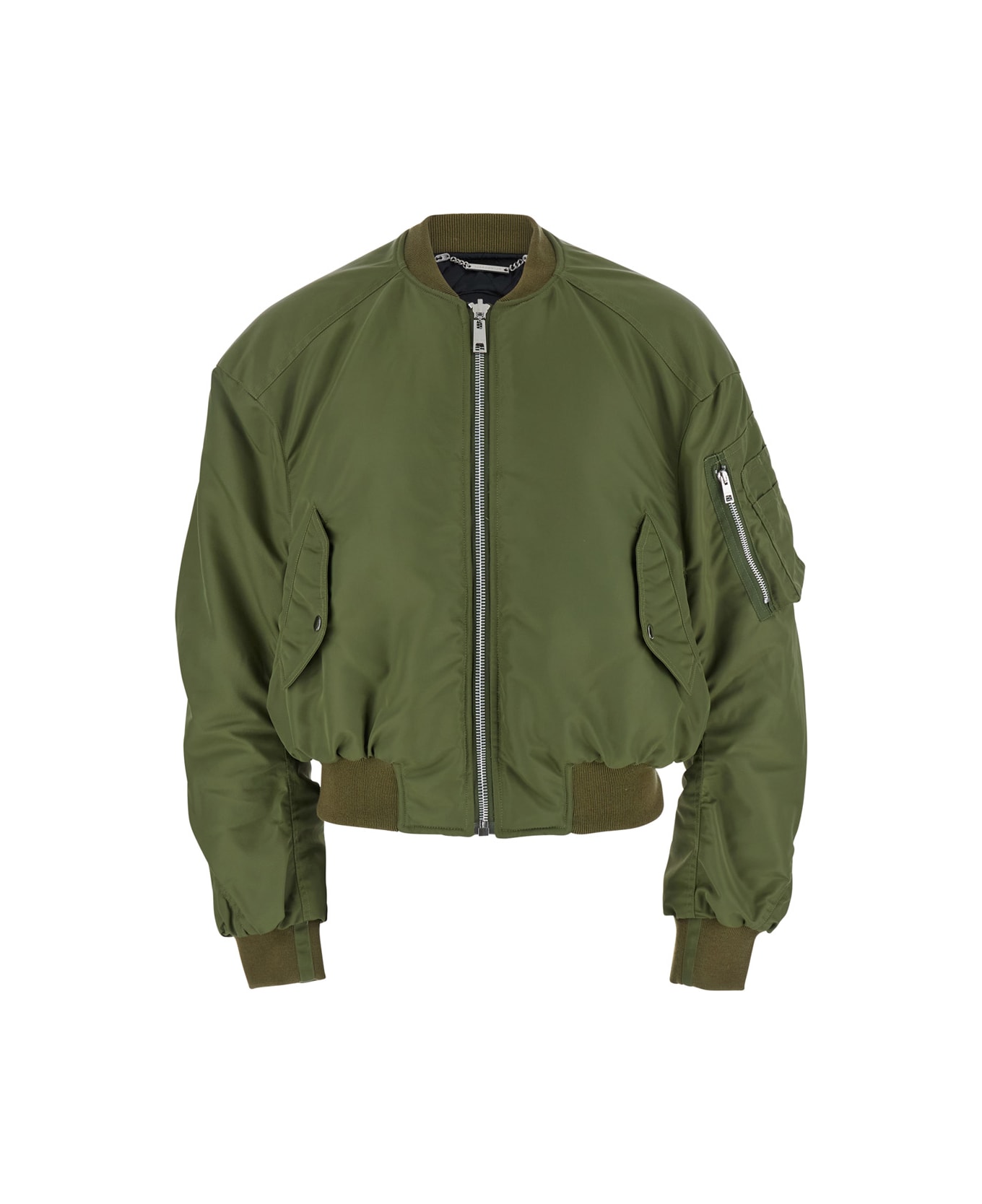JORDANLUCA Green Cropped Bomber Jacket With One Zip Pocket On The Sleeve In Tech Fabric Man - Green