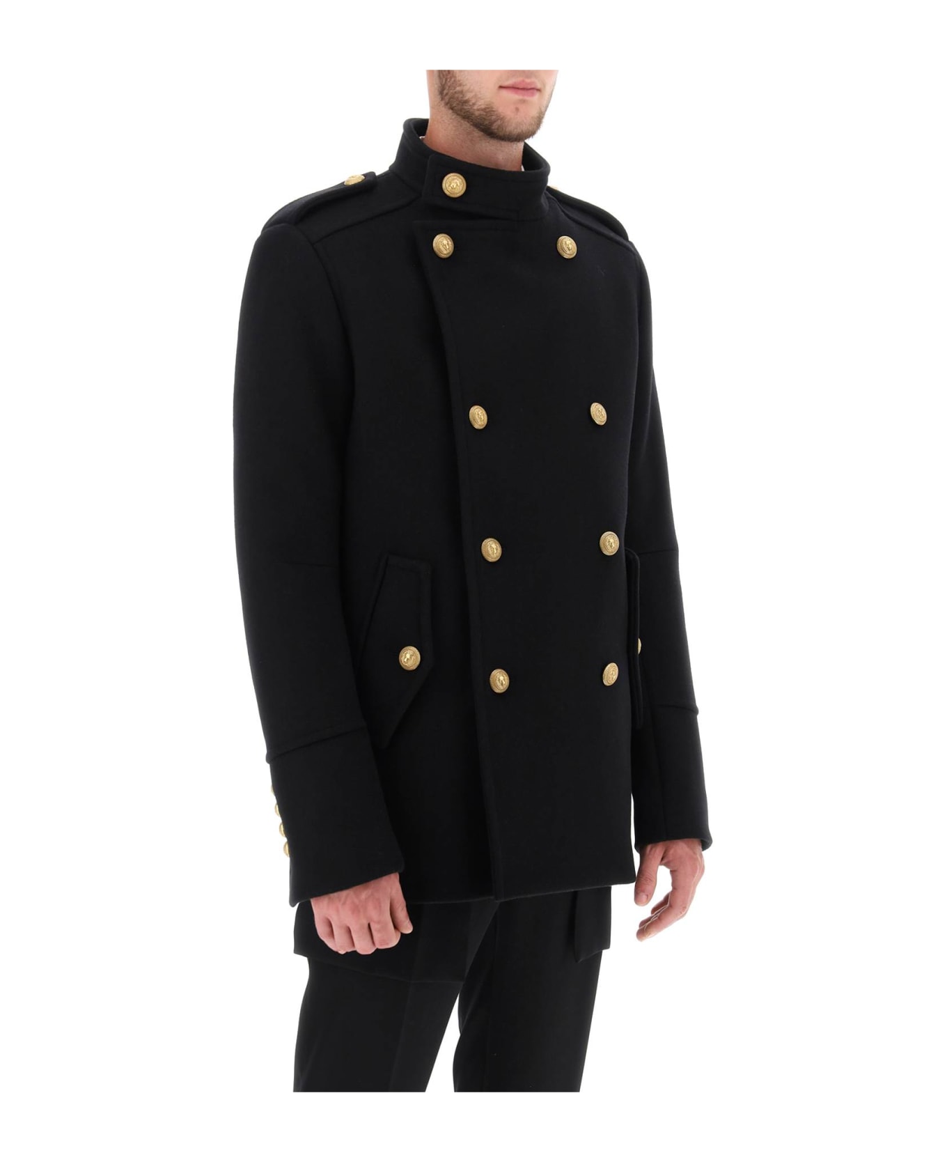 Balmain Double-breasted Peacoat With Embossed Buttons - Black