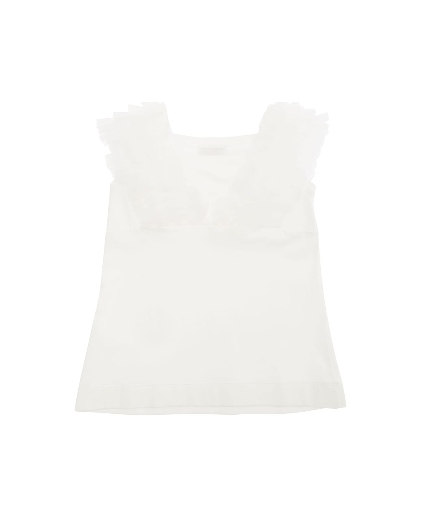 Monnalisa White Top With Ruching On Straps In Stretch Cotton Girl - White