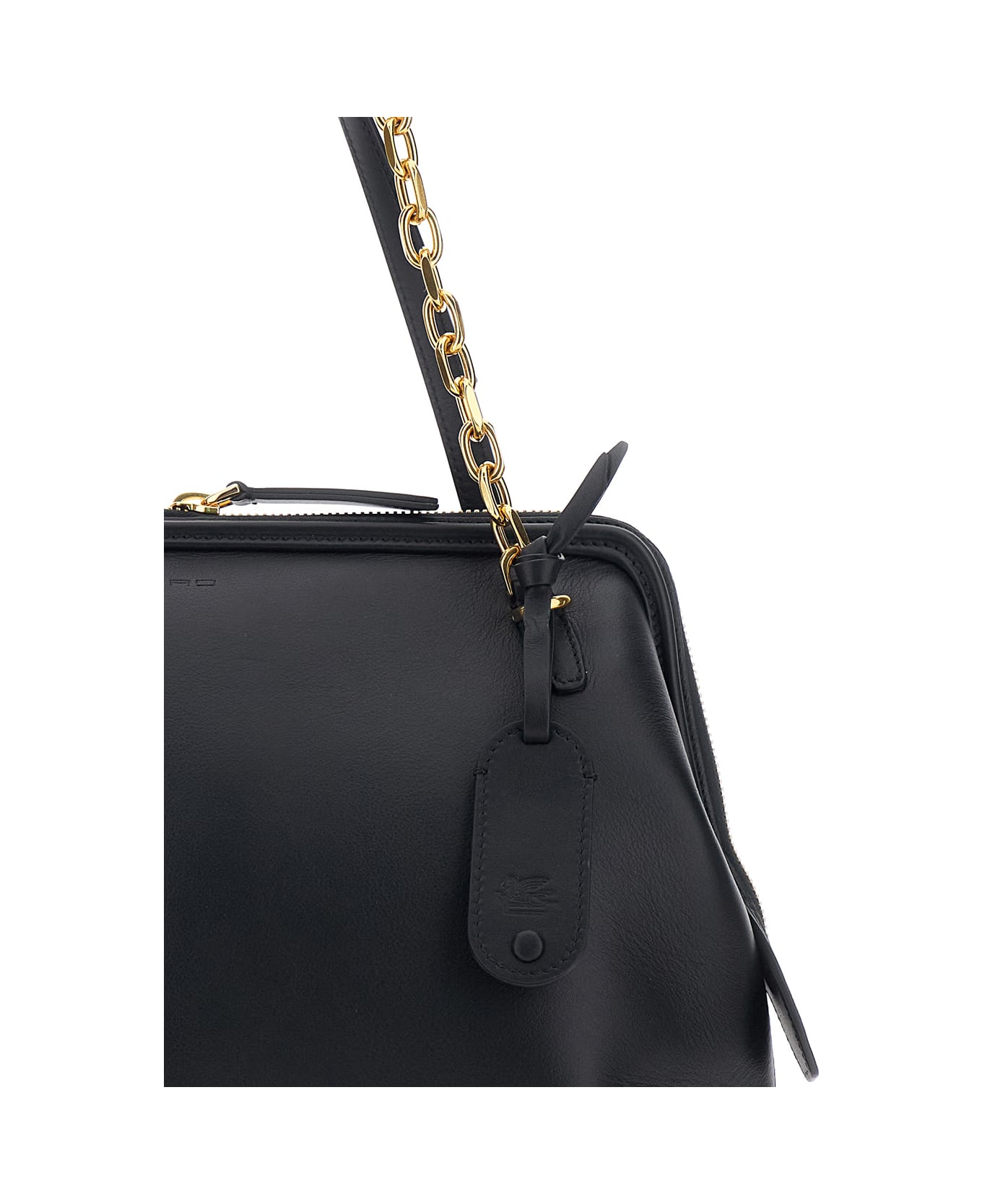 Etro Black Shoulder Bag With Chain-link Shoulder Strap And Tag With Embossed Logo On The Front In Leather Woman - Black