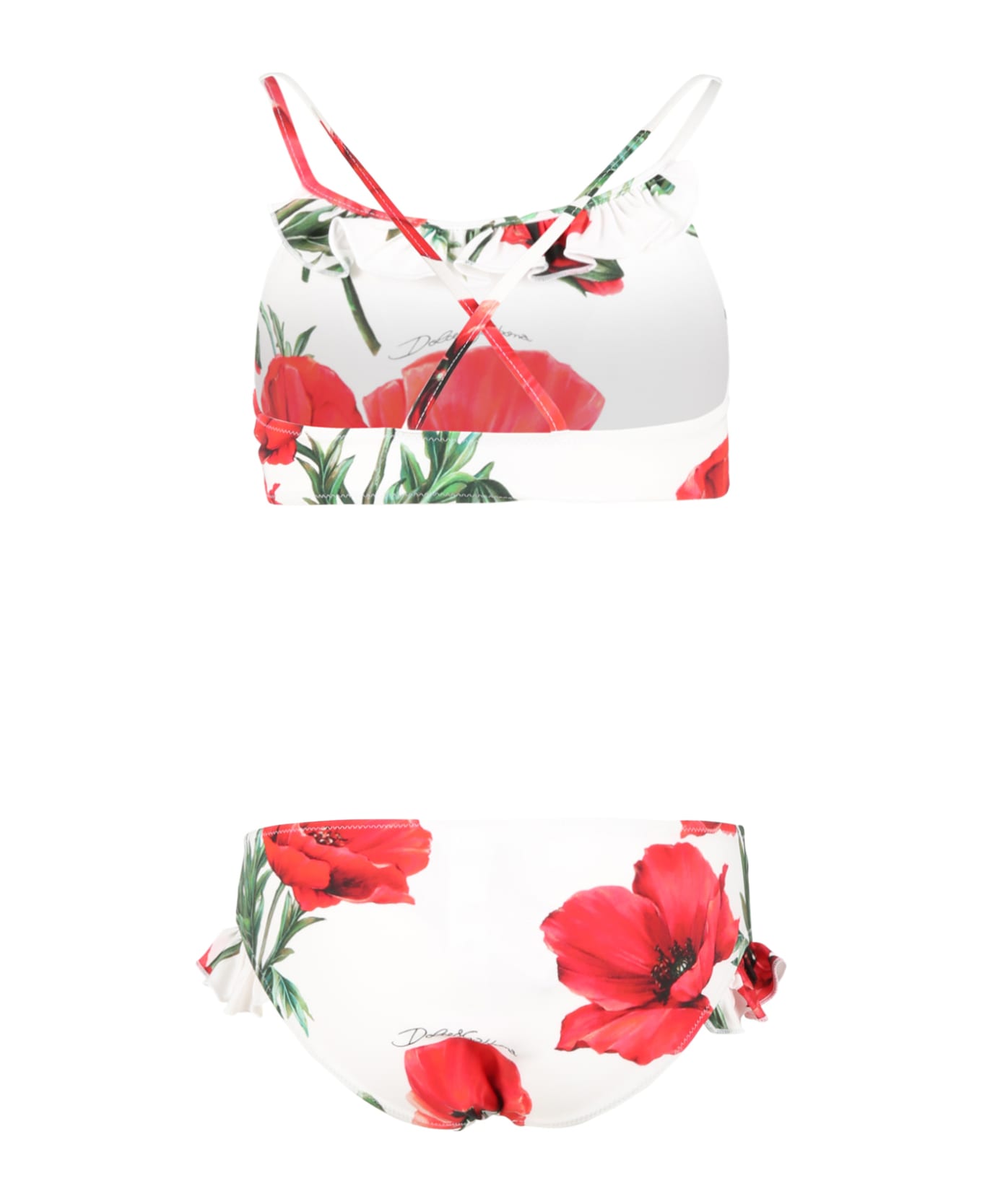 Dolce & Gabbana White Bikini For Girl With Flowers And Logo - White 水着