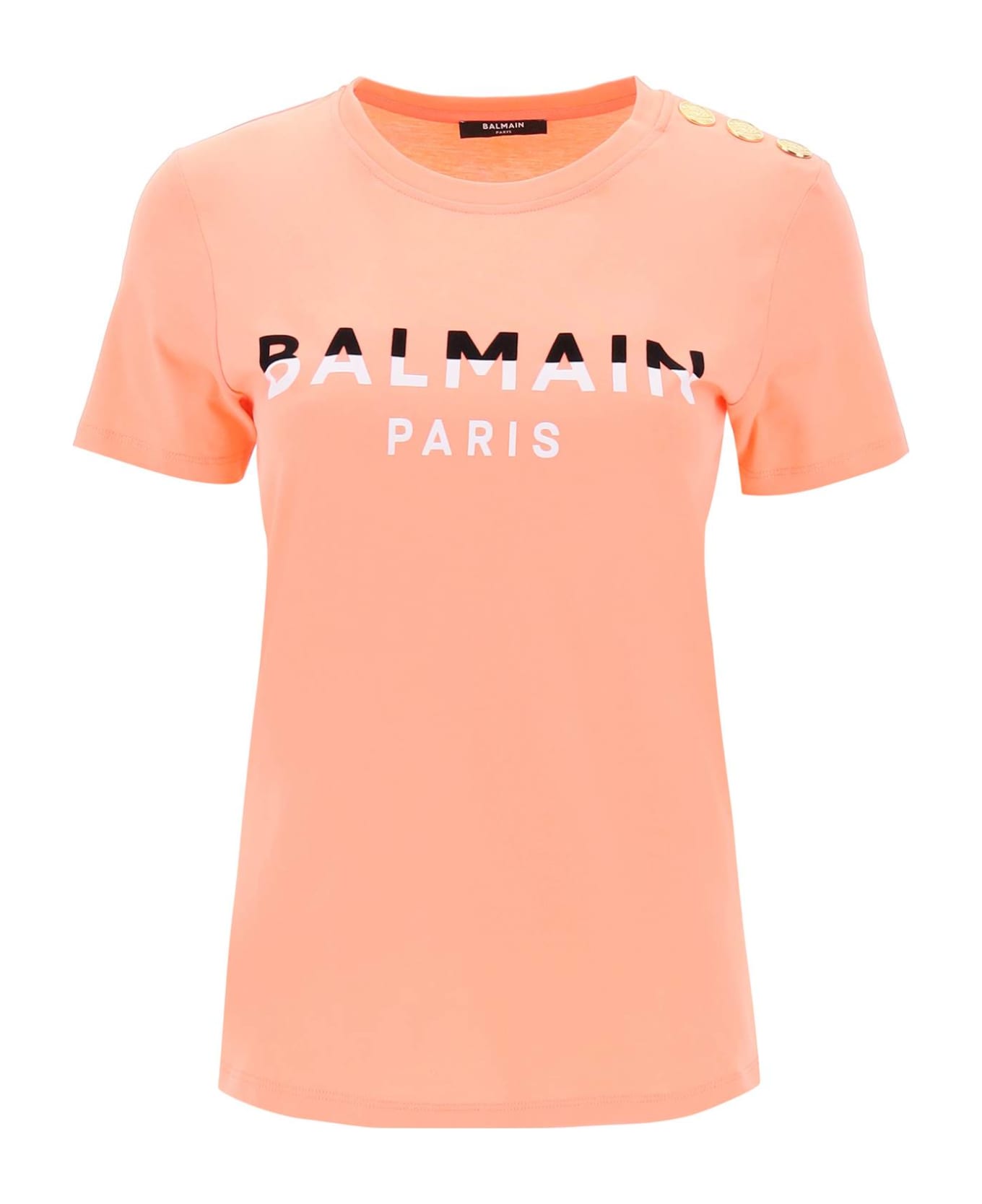 Balmain T-shirt With Flocked Print And Gold-tone Buttons - SAUMON NOIR BLANC (Pink)