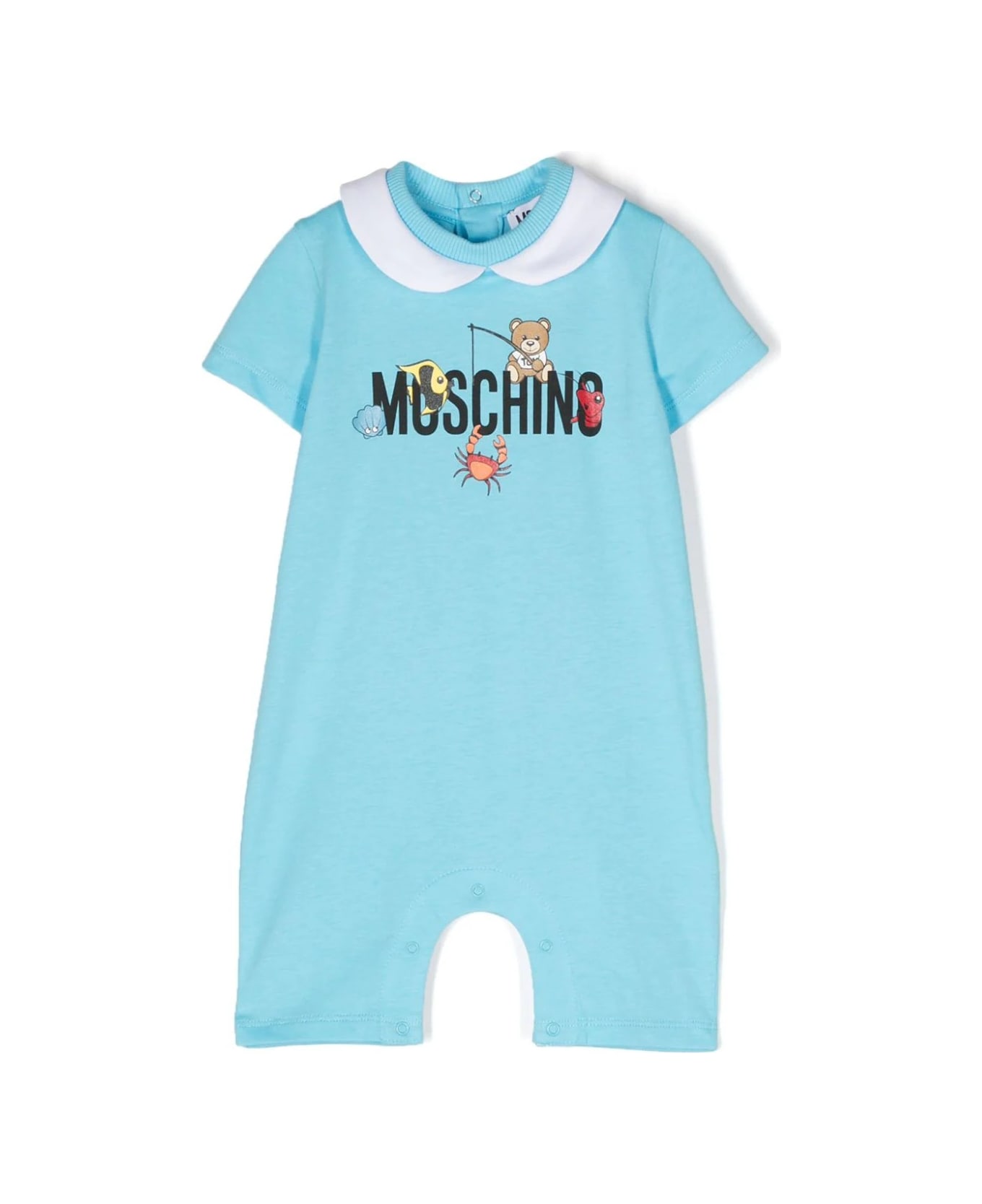 Moschino Short Light Blue Playsuit With Logo And Teddy Bear With Fish - Blue