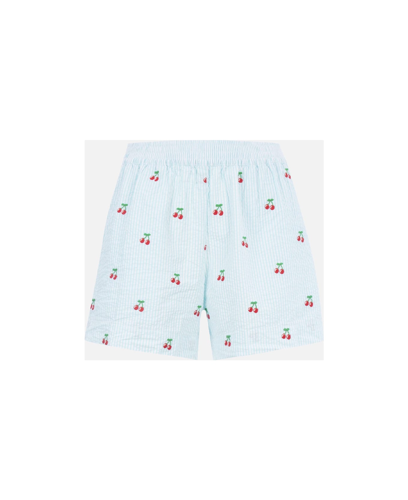 MC2 Saint Barth Woman Seersucker Striped Pull Up Shorts Meave With Cherry Patches - GREEN