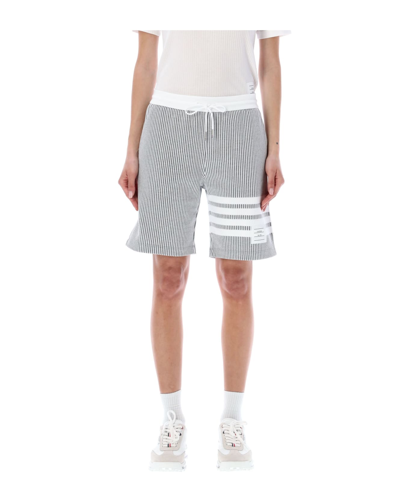Thom Browne Mid Thigh Shorts In Seersucker - LIGHT GREY