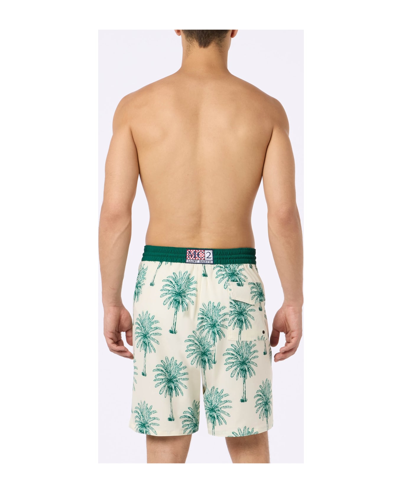 MC2 Saint Barth Long Stretch Comfort Surf Swim Shorts With Palm Print - WHITE